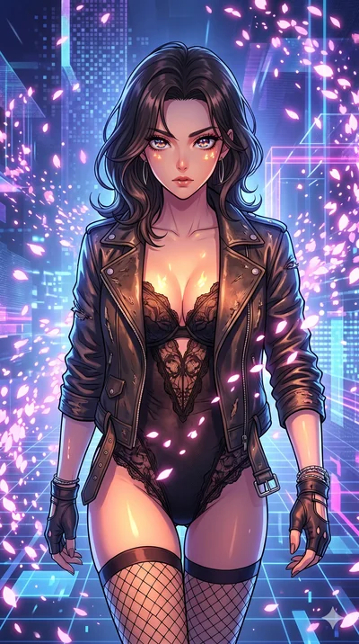 score_9, masterpiece, best quality, ultra-detailed, Set A: High-budget Anime Keyframe, Korean woman. Upper body close-up from the thighs up, character filling the screen for maximum presence. Walking gracefully through a virtual reality void, with a 