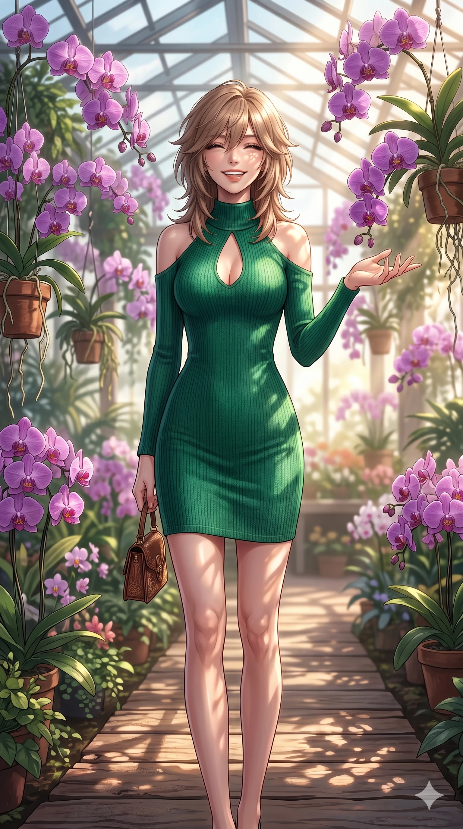 score_9, masterpiece, best quality, ultra-detailed, high-budget anime keyframe, editorial fashion photography, tasteful artistic composition, Japanese woman. cowboy shot from the thighs up, character and outfit filling the frame for maximum editorial presence. beaming with a bright, cheerful smile, tilting her chin up slightly with pure joy standing on a wooden path inside an orchid conservatory surrounded by hanging purple orchids. She has an absolutely perfect 8-heads proportion, an exceptionally tall and slender female figure with impossibly long slender legs and an ultra-slim waist. V-shaped jawline, high-bridge nose, intricate jewel-like eyes with depth, thick eyelashes, glossy lips with a natural sheen. wearing a form-fitting emerald green knit dress with an elegant keyhole cutout and bare shoulders. drenched in brilliant morning sunshine casting soft, warm rays onto her smiling face. 2k, ultra detail, master piece, 9:16 ratio