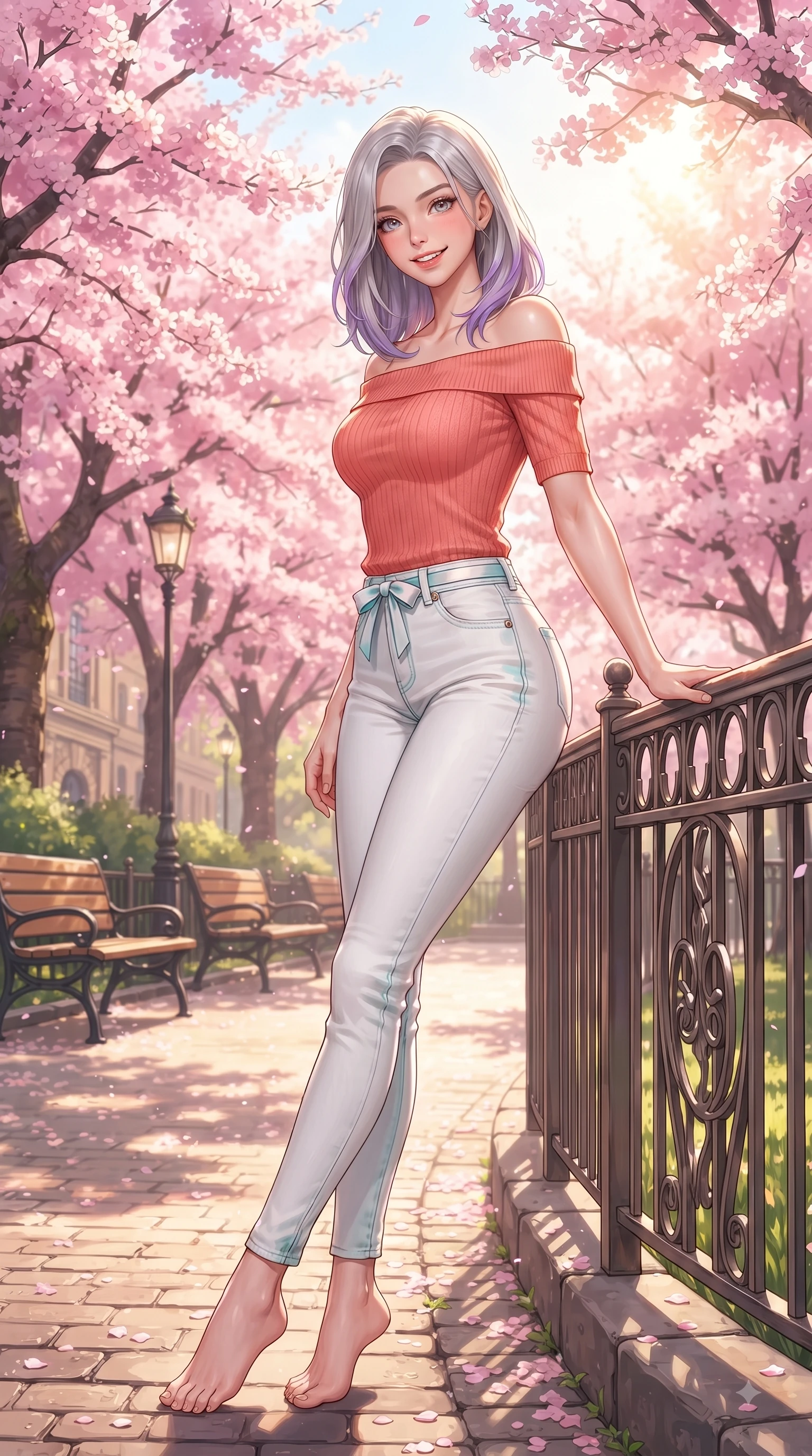 score_9, masterpiece, best quality, ultra-detailed, high-budget anime keyframe, editorial fashion photography, tasteful artistic composition, Caucasian woman. low angle full-body shot from head to toe showing her feet, filling the entire 9:16 vertical frame with her statuesque presence, stretching her vertical silhouette. pivoting dynamically with a fresh infectious smile, her ultra-slim waist creating a sweeping fluid curve while leaning gracefully against a sunlit park railing framed by vibrant pink flower canopies. The surrounding environment is rendered in vivid detail and crisp panoramic clarity. delicate cherry blossom petal clusters, wooden park benches, and historic hill paths in crisp detail. She has an absolutely perfect, statuesque 8.5-heads proportion, an exceptionally tall and slender model-like female figure with impossibly long slender legs and an ultra-slim waist. sharp v-shaped jawline, high-bridge nose, intricate jewel-like eyes with depth, thick eyelashes, glossy lips with a natural sheen, flawlessly proportioned anatomical accuracy, natural body alignment, perfectly sculpted elegant limbs, clean dynamic posture without body distortion. wearing a stylish off-shoulder coral knit top with slim-fit white stretch denim pants in ocean turquoise and sea-salt white, made of comfortable premium stretch denim and soft jersey, accented with a dainty waist ribbon bow, the relaxed yet flattering fit accentuating her naturally graceful and slender figure. bathed in bright morning sunbeams and warm golden sakura backlighting. ultra-reflective glossy finish, specular highlights, metallic sheen, high-contrast stereoscopic depth, volumetric dynamic lighting, 2k, ultra detail, master piece, 9:16 ratio
