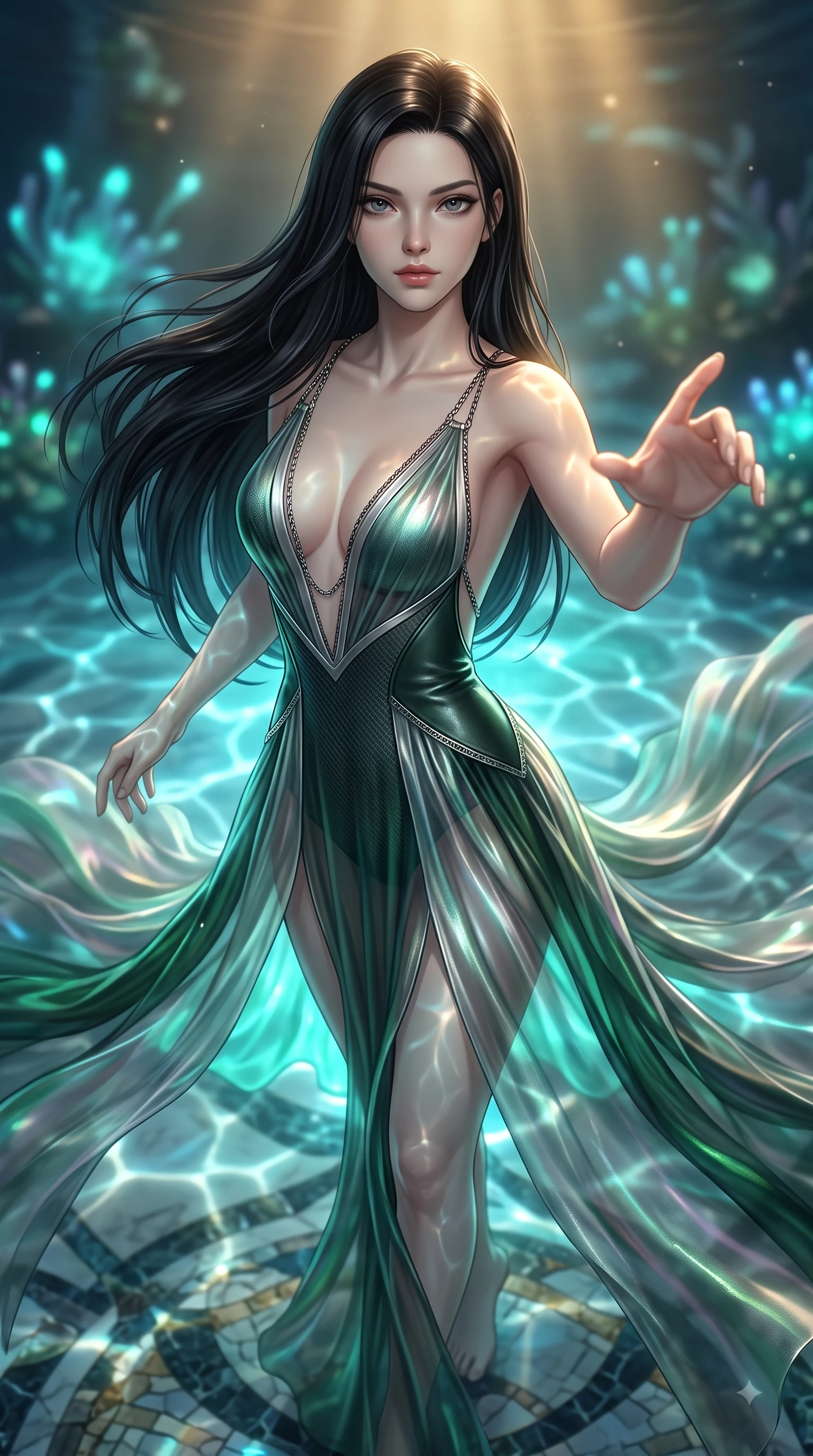 score_9, masterpiece, best quality, ultra-detailed, high-budget anime keyframe, editorial fashion photography, tasteful artistic composition, Korean woman. close-up cowboy shot from the waist and thighs up, the character dominates the composition, filling the frame with her large presence, background elements kept in soft focus. Reaching one arm gracefully toward the camera with magnetic poise, displaying her statuesque silhouette while gliding over a mosaic marble floor illuminated by shimmering underwater caustic ripples, gentle ocean currents swaying her lightweight attire in fluid underwater motions. She has an exceptionally elegant, slender, and willowy female figure with an ultra-slim waist, a gracefully sculpted slender torso, and a refined silhouette. sharp v-shaped jawline, high-bridge nose, intricate jewel-like eyes with depth, thick eyelashes, glossy lips with a natural sheen, flawlessly proportioned anatomical accuracy, natural body alignment, perfectly sculpted elegant limbs, clean dynamic posture without body distortion. wearing a translucent iridescent chiffon gown with a plunging neckline and open back in deep emerald green and silver accent, made of fine carbon-fiber weave and soft matte leather, adorned with delicate metallic chain straps along the neckline, the elegant draped fit framing her graceful clavicle and slender torso. illuminated by luminous aqua bioluminescence and warm golden top lighting. ultra-reflective glossy finish, specular highlights, metallic sheen, high-contrast stereoscopic depth, volumetric dynamic lighting, 2k, ultra detail, master piece, 9:16 ratio