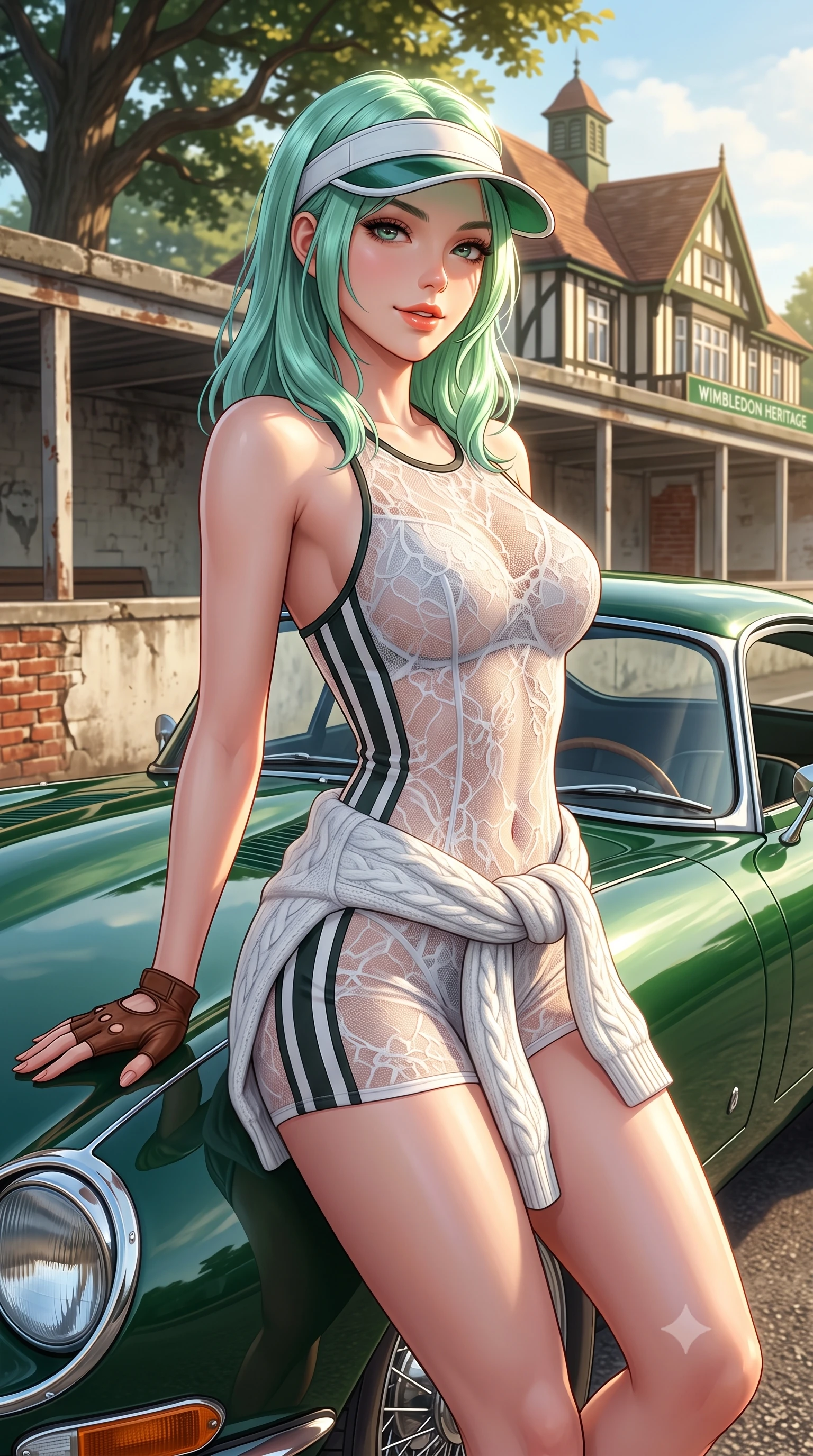 score_9, masterpiece, best quality, ultra-detailed, high-budget anime keyframe, semi-realistic 3D game render, editorial fashion photography, tasteful artistic composition, Japanese woman. close-up cowboy shot from the waist and thighs up, the character dominates the composition, filling the frame with her large presence. leaning back against the pit wall with relaxed seductive grace, her flat midriff and narrow waist highlighted as sunlight traces her curves while leaning against the bonnet of a vintage British Racing Green Jaguar E-Type parked beside the clubhouse with hips cocked back, casting an alluring smile. The surrounding environment is rendered in vivid detail and crisp panoramic clarity: detailed white cable-knit texture, sunburst highlights on hair, and Wimbledon heritage architecture in razor-sharp precision. She has an exceptionally elegant, slender, and willowy female figure with an ultra-slim waist, flat toned midriff, narrow ribcage, and sculpted feminine hips creating an alluring, slim hourglass silhouette without bulk. sharp v-shaped jawline, high-bridge nose, sparkling eyes with athletic focus and depth, thick curled eyelashes, glossy parted lips with a natural coral-peach sheen, bright confident and coquettish smile with alluring bedroom-eyes, exuding both youthful sporty vigor and sovereign high-society glamour, flawlessly proportioned anatomical accuracy, strict slender model proportions, natural body alignment, perfectly sculpted long slender limbs, ultra-slim waistline, clean dynamic posture without body distortion. wearing a bodycon racerback athletic romper with high-cut leg openings and side racing stripe tape accentuating her curvy hips in dual-tone high-contrast racing monochrome, crafted from sheer delicate stretch lace reinforced with technical sport threads, accented with a sporty retro tennis visor and fingerless leather driving gloves, the high-waisted wrap tailoring accentuating her ultra-slim waistline and the enchanting curve of her feminine hips with alluring sporty charm. bathed in soft warm English afternoon sunlight filtering through stately oak trees. highly saturated vibrant anime colors, detailed shading with soft gradients, rich glossy textures, high-contrast stereoscopic depth, volumetric dynamic lighting, master piece, 9:16 ratio
