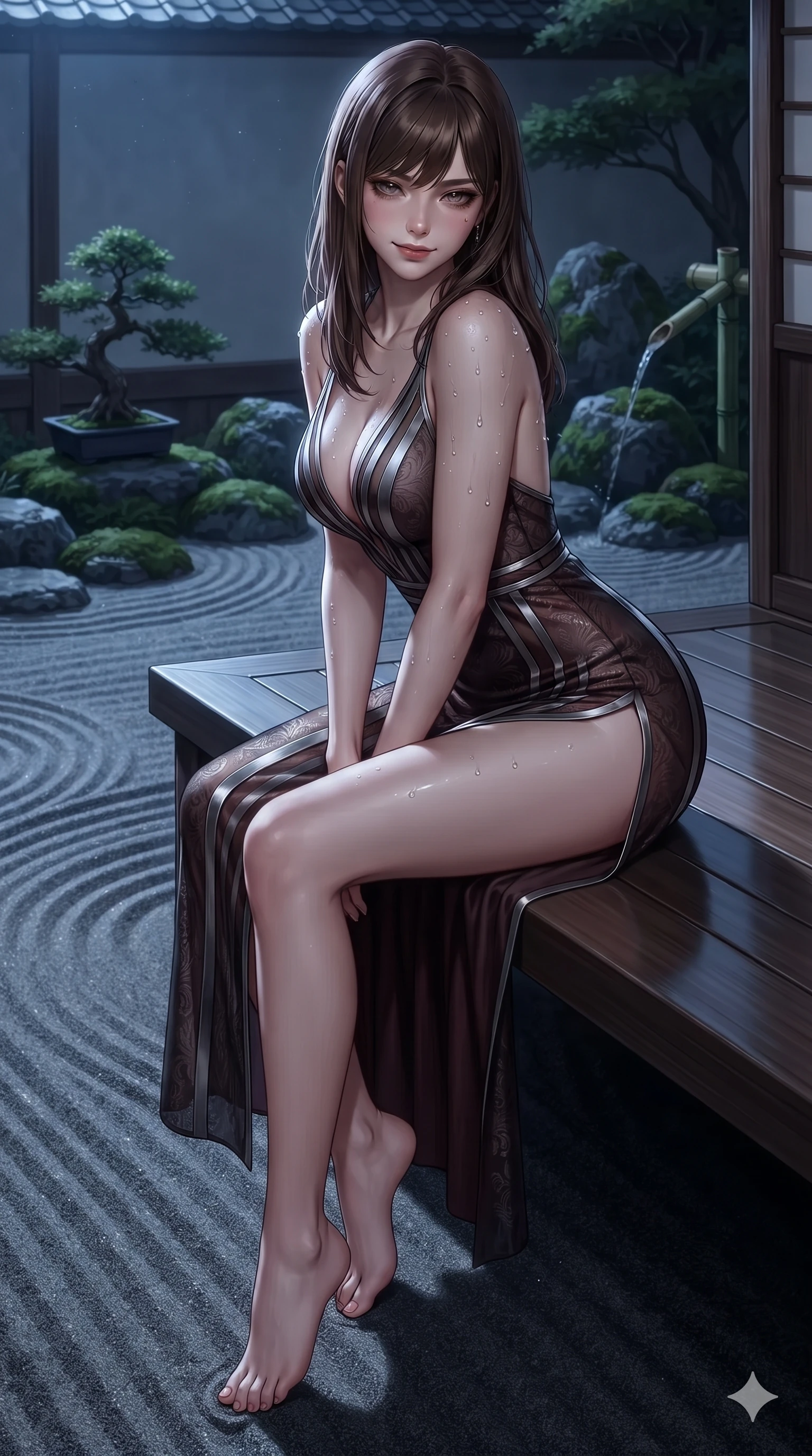 score_9, masterpiece, best quality, ultra-detailed, high-budget anime keyframe, editorial fashion photography, tasteful artistic composition, Korean woman. close-up cowboy shot from the waist and thighs up, the character dominates the composition, filling the frame with her large presence. glancing sidelong over her shoulder with a smoldering, enigmatic half-smile that commands the frame while sitting poised on the polished wooden veranda edge with legs dangling over the dark sand ripples, casting an intoxicating, heavy-lidded gaze. The surrounding environment is rendered in vivid detail and crisp panoramic clarity: detailed liquid mercury metallic gown tailoring, hip-high side slit, and traditional Japanese garden craft in razor-sharp precision. She has an exceptionally elegant, slender, and willowy female figure with an ultra-slim waist, flat toned midriff, narrow ribcage, and sculpted feminine hips creating an alluring, slim hourglass silhouette without bulk. sharp v-shaped jawline, high-bridge nose, intricate jewel-like dark sparkling eyes with hypnotic seductive depth, thick curled eyelashes, glossy parted lips with a natural wine sheen, alluring bedroom-eyes with an enigmatic smoldering smile, exuding magnetic sovereign charisma and dark avant-garde glamour, flawlessly proportioned anatomical accuracy, strict slender model proportions, natural body alignment, perfectly sculpted long slender limbs, ultra-slim waistline, clean dynamic posture without body distortion. wearing a plunge-front sheer illusion tulle slip dress with liquid platinum ribbon stripes hugging her curves in dark mahogany and brushed gunmetal, tailored from rich silk jacquard with subtle embossed baroque patterns, finished with glistening moisture droplets beading across her sculpted shoulders and flat midriff, the glove-like silhouette tightly following the natural contour of her hips and long slender legs with youthful 8.5-heads elegance. illuminated by moonlit sand ripple bounce and sharp silver-topaz rim lights defining her razor-sharp jawline, narrow waist, and curvy hips. ultra-reflective glossy finish, specular highlights, metallic sheen, high-contrast stereoscopic depth, volumetric dynamic lighting, 2k, ultra detail, master piece, 9:16 ratio