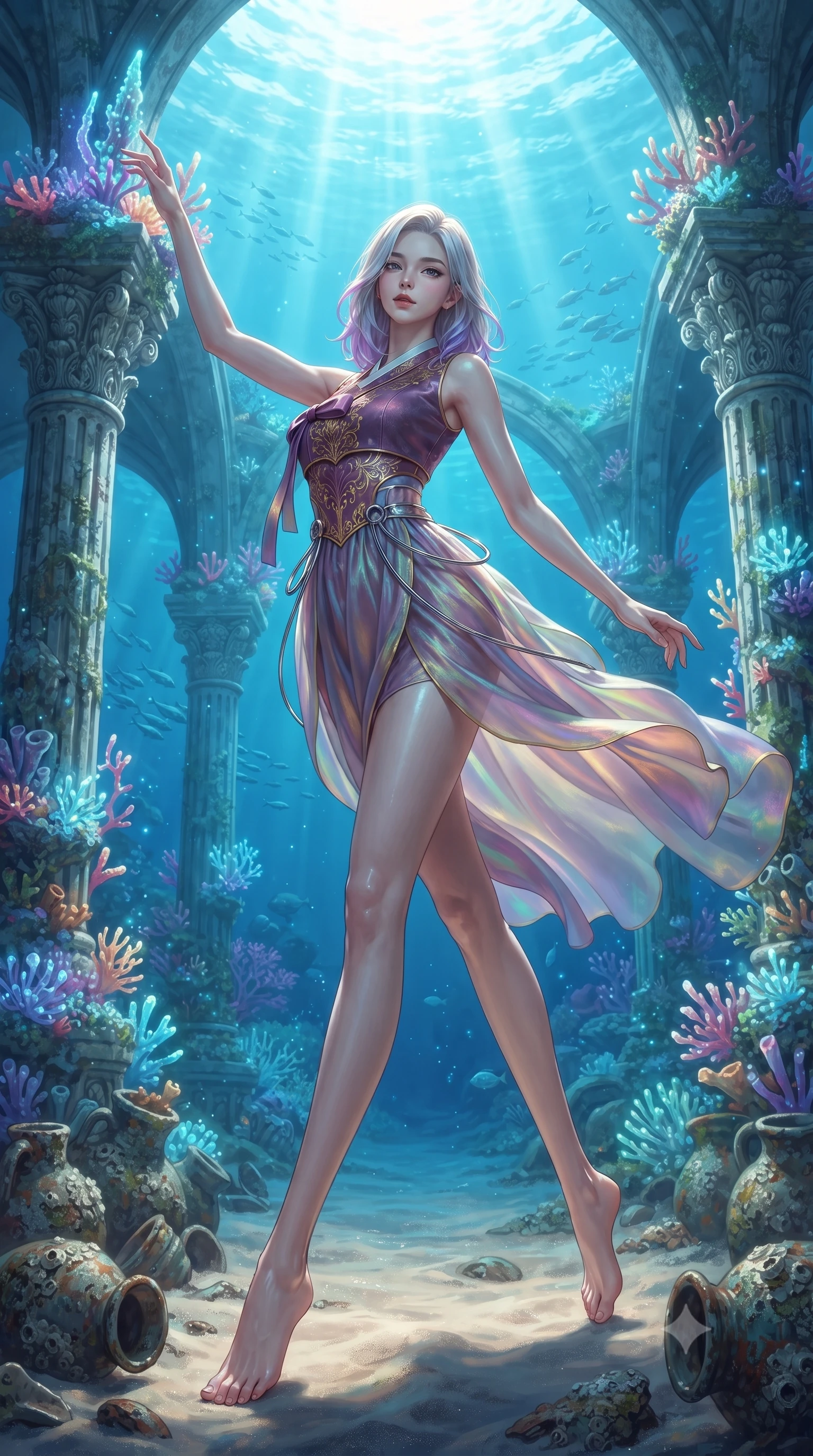 score_9, masterpiece, best quality, ultra-detailed, high-budget anime keyframe, editorial fashion photography, tasteful artistic composition, Caucasian woman. low angle full-body shot from head to toe showing her feet, filling the entire 9:16 vertical frame with her statuesque presence, stretching her vertical silhouette. forging dynamically through the scene, her vertical silhouette beautifully stretched touching a bioluminescent coral spire in a sun-drenched underwater cathedral, gentle ocean currents swaying her attire in fluid underwater motions. She has an absolutely perfect, statuesque 8.5-heads proportion, an exceptionally tall and slender model-like female figure with impossibly long slender legs and an ultra-slim waist. sharp v-shaped jawline, high-bridge nose, intricate jewel-like eyes with depth, thick eyelashes, glossy lips with a natural sheen. wearing a modern fusion silk hanbok dress with a structured bodice in plum purple and gold filigree, crafted from iridescent chiffon that shifts colors in the light, accented with delicate chrome ring hardware framing her waist, the sleek second-skin texture accentuating her magnetic presence. lit by clear sun-drenched sea light with soft ethereal shadows. ultra-reflective glossy finish, specular highlights, metallic sheen, high-contrast stereoscopic depth, volumetric dynamic lighting, 2k, ultra detail, master piece, 9:16 ratio