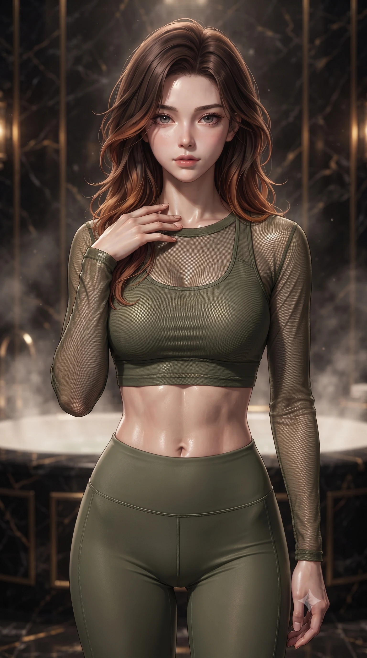 score_9, masterpiece, best quality, ultra-detailed, high-budget anime keyframe, editorial fashion photography, tasteful artistic composition, Korean woman. close-up cowboy shot from the waist and thighs up, the character dominates the composition, filling the frame with her large presence, background elements kept in soft focus. standing with one hand resting on her collarbone, looking at the viewer with bedroom-eyes the background shows a soft-focus a steamy private bath chamber built of dark obsidian stone with gold accents. She has an exceptionally elegant, slender, and willowy female figure with an ultra-slim waist, a gracefully sculpted slender torso, and a refined silhouette. sharp v-shaped jawline, high-bridge nose, intricate jewel-like eyes with depth, thick eyelashes, glossy lips with a natural sheen. wearing a slim-fit sheer mesh long-sleeve crop top in olive green, worn over a matching sports bra and leggings. dramatic chiaroscuro lighting focusing on her athletic, slender build. ultra-reflective glossy finish, specular highlights, metallic sheen, high-contrast stereoscopic depth, volumetric dynamic lighting, 2k, ultra detail, master piece, 9:16 ratio