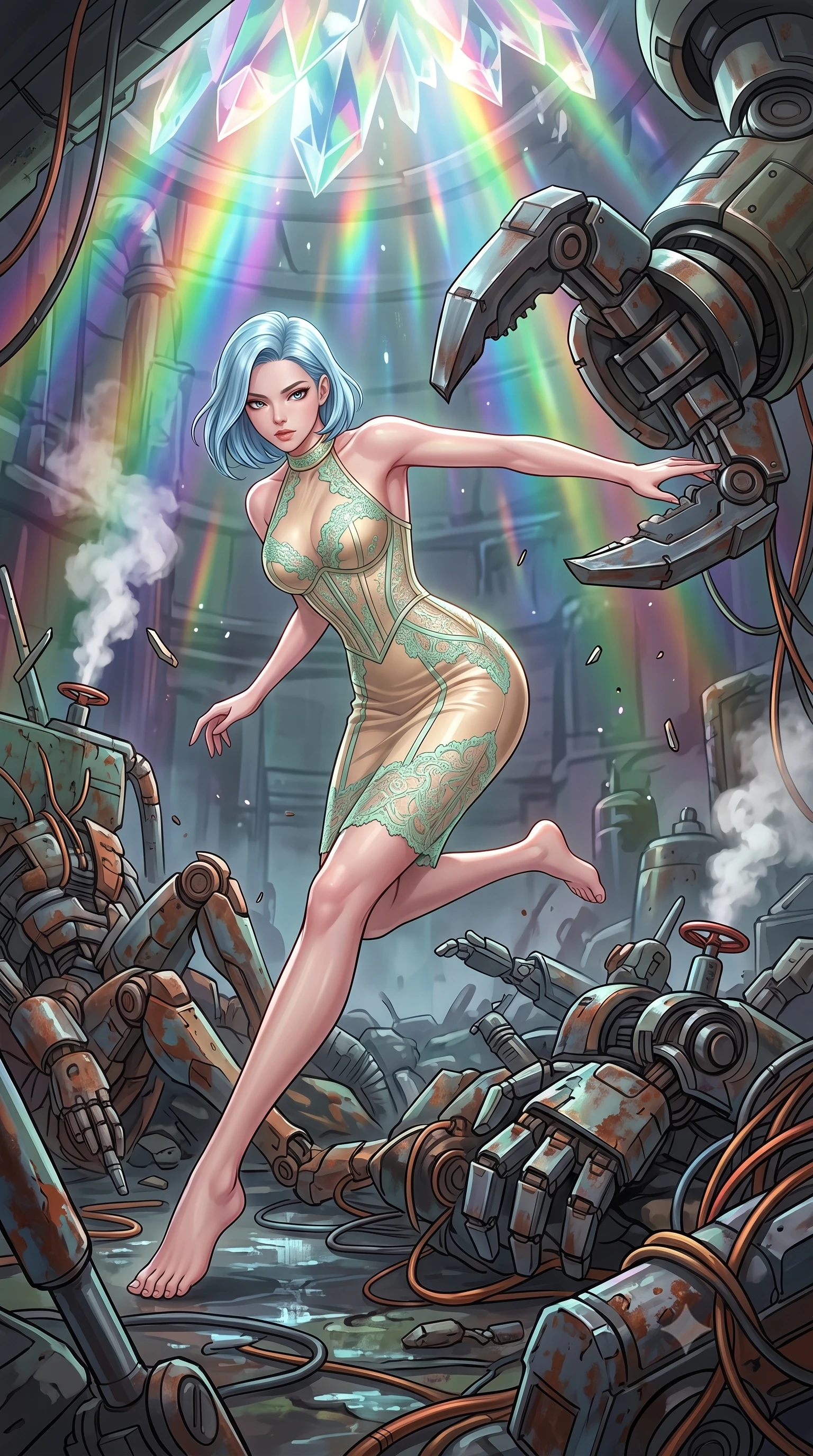 score_9, masterpiece, best quality, ultra-detailed, high-budget anime keyframe, editorial fashion photography, tasteful artistic composition, Korean woman. low angle full-body shot from head to toe showing her feet, filling the entire 9:16 vertical frame with her statuesque presence, stretching her vertical silhouette. acrobatically dodging a heavy mech's swipe by vaulting off a pile of cybernetic debris through a mountain of rusted robotic limbs and copper wires in a damp industrial wasteland, steam venting from broken pressure valves. She has a statuesque 8.5-heads proportion, an exceptionally tall, slender and willowy model-like build with impossibly long legs and a highly sculpted ultra-slim waist. sharp v-shaped jawline, high-bridge nose, intricate jewel-like eyes with depth, thick eyelashes, glossy lips with a natural sheen. wearing tailored for maximum mobility, sleek form-contouring panels that allow fluid movement, a slim-fit semi-transparent halter dress in champagne gold, featuring a mint green lace overlay and a visible structured corset. highly saturated vibrant anime colors, intense vivid color palette, soft 3D volumetric shading, volumetric dynamic lighting, cascading rainbow prismatic light refracting through crystal formations overhead. 2k, ultra detail, master piece, 9:16 ratio