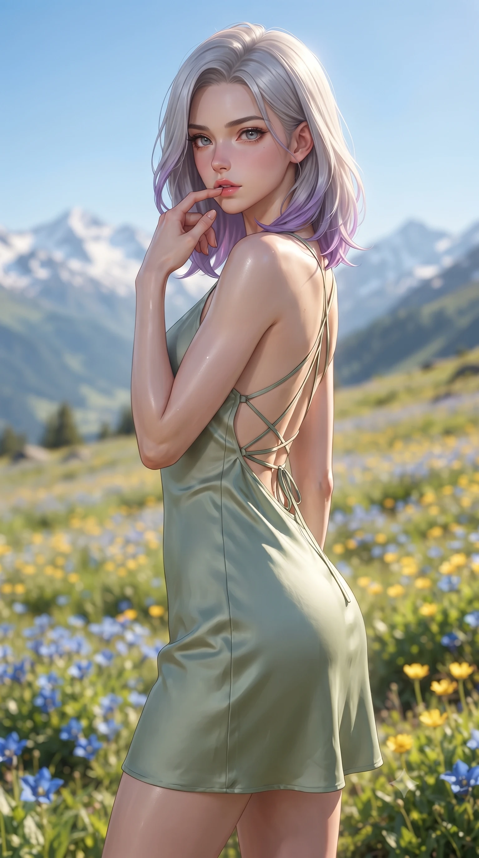 score_9, masterpiece, best quality, ultra-detailed, high-budget anime keyframe, editorial fashion photography, tasteful artistic composition, Caucasian woman woman. close-up cowboy shot from the waist and thighs up, the character dominates the composition, filling the frame with her large presence, background elements kept in soft focus. pressing one finger to her bottom lip in a thoughtful, seductive gesture under the warm sun the background shows a soft-focus a high mountain meadow filled with rare blue and yellow flowers under a crisp blue sky. She has an exceptionally elegant, slender, and willowy female figure with an ultra-slim waist, a gracefully sculpted slender torso, and a refined silhouette. sharp v-shaped jawline, high-bridge nose, intricate jewel-like eyes with depth, thick eyelashes, glossy lips with a natural sheen. wearing a tailored lightweight silk sundress in sage green with a dramatic open-back and thin criss-cross straps. bright, clear high-altitude sunbeams highlighting the fresh air and snow peaks. ultra-reflective glossy finish, specular highlights, metallic sheen, high-contrast stereoscopic depth, volumetric dynamic lighting, 2k, ultra detail, master piece, 9:16 ratio