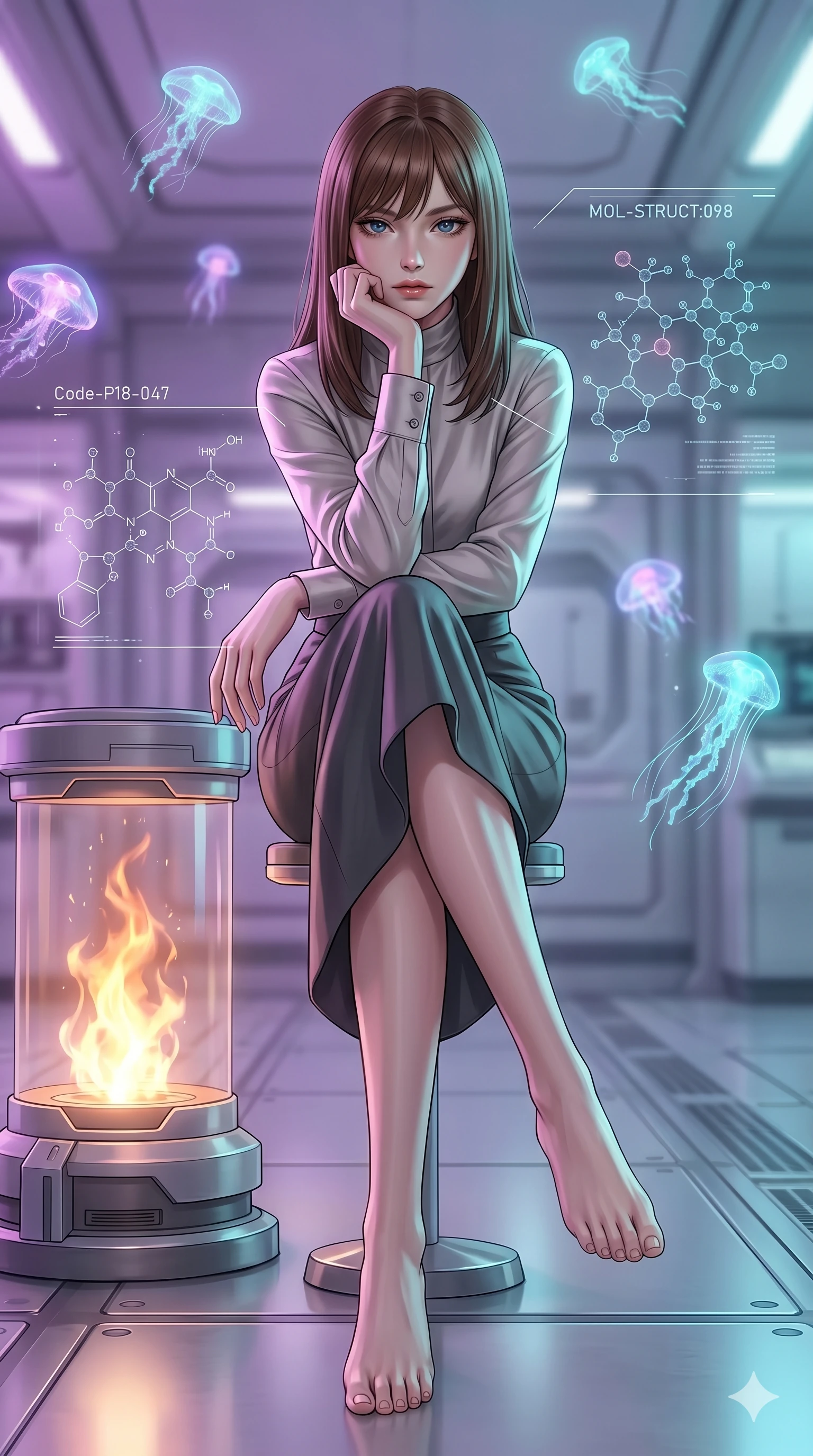 score_9, masterpiece, best quality, ultra-detailed, high-budget anime keyframe, editorial fashion photography, tasteful artistic composition, Korean woman. low angle full-body shot from head to toe showing her feet, filling the entire 9:16 vertical frame with her statuesque presence, stretching her vertical silhouette. sitting near the fire, resting her chin on her hand, looking directly into the camera in a pristine laboratory with suspended holographic molecular structures (Code-P18-047). She has an absolutely perfect 8-heads proportion, an exceptionally tall and slender female figure with impossibly long slender legs and an ultra-slim waist. V-shaped jawline, high-bridge nose, intricate jewel-like eyes with depth, thick eyelashes, glossy lips with a natural sheen. wearing a high-neck tailored silk shirt under a high-waist midi skirt. soft purple and cyan light from the floating organisms, casting a magical aura on her. 2k, ultra detail, master piece, 9:16 ratio
