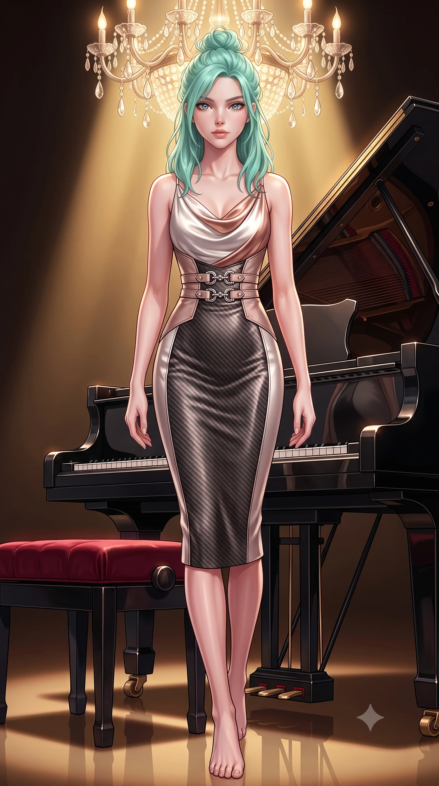 score_9, masterpiece, best quality, ultra-detailed, high-budget anime keyframe, editorial fashion photography, tasteful artistic composition, Japanese woman. low angle full-body shot from head to toe showing her feet, filling the entire 9:16 vertical frame with her statuesque presence, stretching her vertical silhouette. stepping forward with proud posture, filling the vertical frame with her magnetic presence sitting gracefully on a velvet piano bench under a majestic chandelier glow, ultra-glossy ebony piano lacquer reflecting the spotlight and her silhouette. She has an absolutely perfect, statuesque 8.5-heads proportion, an exceptionally tall and slender model-like female figure with impossibly long slender legs and an ultra-slim waist. sharp v-shaped jawline, high-bridge nose, intricate jewel-like eyes with depth, thick eyelashes, glossy lips with a natural sheen. wearing an elegant cowl-neck satin midi dress with a draped neckline in pearl white and rose gold, made of fine carbon-fiber weave and soft matte leather, detailed with polished silver buckles along the waistline, the sleek second-skin texture accentuating her magnetic presence. bathed in a single dramatic golden spotlight with rich chiaroscuro shadows. highly saturated vibrant anime colors, detailed shading with soft gradients, rich glossy textures, high-contrast stereoscopic depth, volumetric dynamic lighting, master piece, 9:16 ratio