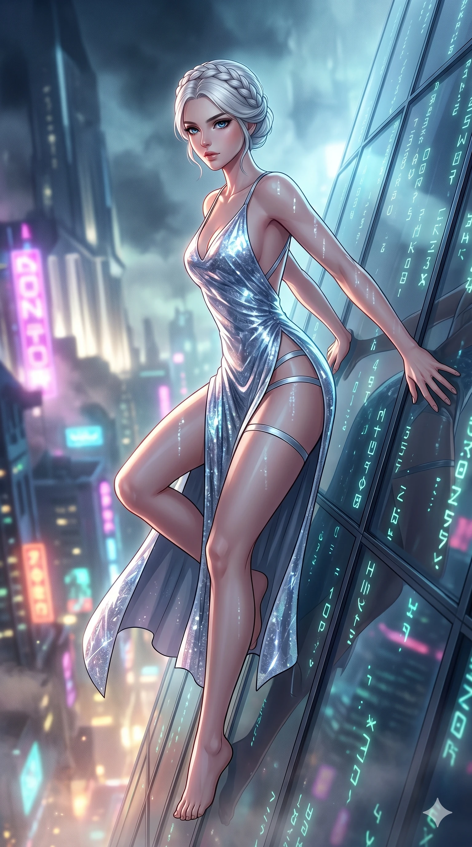score_9, masterpiece, best quality, ultra-detailed, Set A: High-budget Anime Keyframe, Japanese woman. Upper body close-up from the thighs up, character filling the screen for maximum presence. Theme: Ethereal Dream. sliding down a glass skyscraper in a temple made of solid light, as a digital rain of 97 symbols washes over her. The atmosphere is filled with heavy smog with neon flares. She has an absolutely perfect 8-heads proportion, an exceptionally tall and slender female figure with impossibly long slender legs and an ultra-slim waist. Sharp v-shaped jawline, high-bridge nose, intricate jewel-like eyes with depth, glossy lips. Wearing Liquid-diamond texture dress with an impossibly high side slit and silver straps. Cinematic lighting, vivid colors, dramatic shadows, 2k, ultra detail, master piece, 9:16 ratio