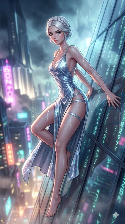 score_9, masterpiece, best quality, ultra-detailed, Set A: High-budget Anime Keyframe, Japanese woman. Upper body close-up from the thighs up, character filling the screen for maximum presence. Theme: Ethereal Dream. sliding down a glass skyscraper i