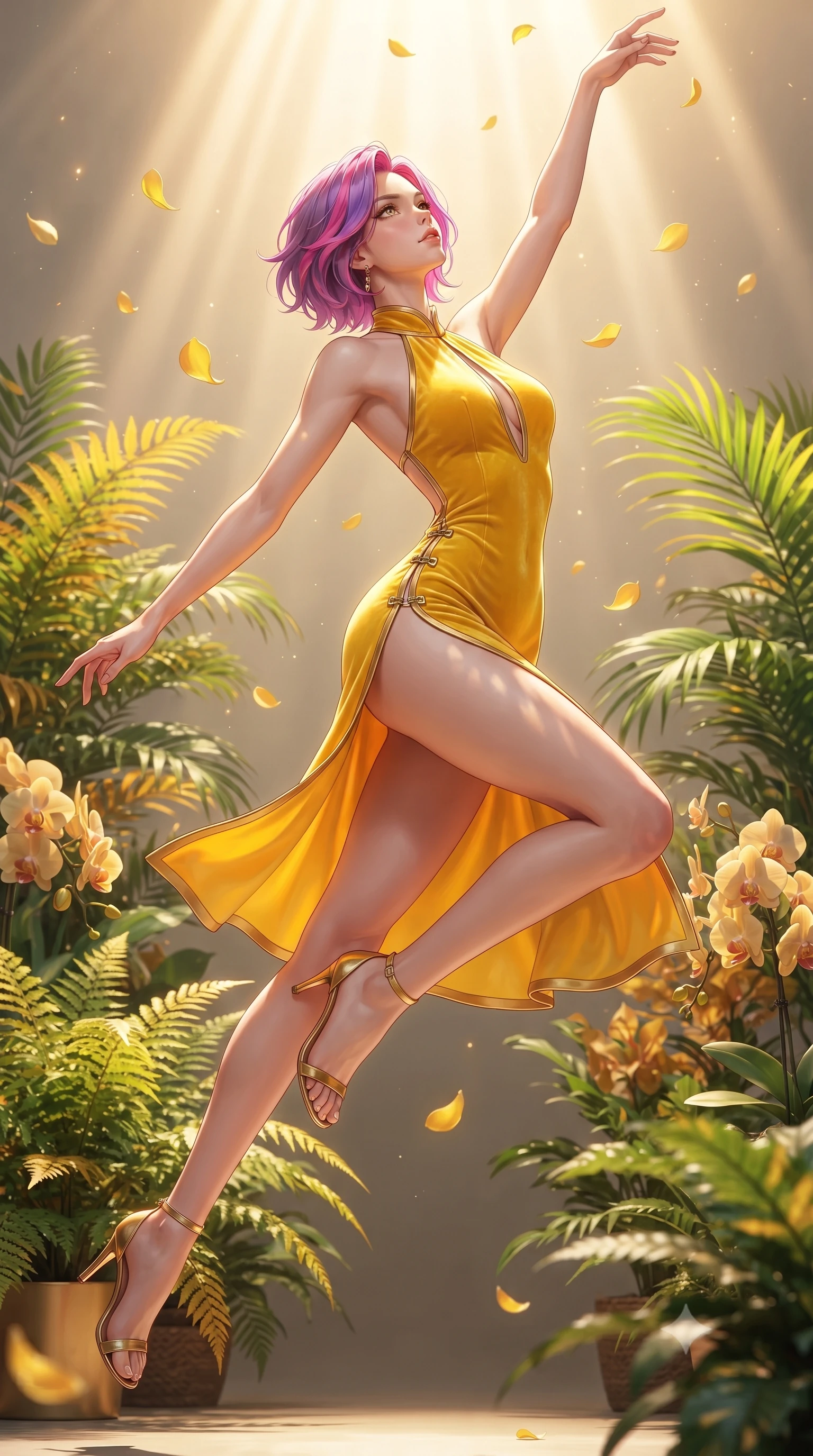 score_9, masterpiece, best quality, ultra-detailed, high-budget anime keyframe, editorial fashion photography, tasteful artistic composition, Caucasian woman. low angle full-body shot from head to toe showing her feet, filling the entire 9:16 vertical frame with her statuesque presence, stretching her vertical silhouette. leaping through mid-air with an athletic yet alluring arch of her spine, her impossibly long slender legs stretched in flawless poise while reaching one arm gracefully toward the streaming sunlight as golden flower petals float past in the warm air. The surrounding environment is rendered in vivid detail and crisp panoramic clarity. vibrant emerald and gold plant textures rendered with high environmental clarity. She has an absolutely perfect, statuesque 8.5-heads proportion, an exceptionally tall and slender model-like female figure with impossibly long slender legs, a toned flat midriff, and an ultra-slim waist. sharp v-shaped jawline, high-bridge nose, intricate jewel-like eyes with depth, thick eyelashes, glossy lips with a natural sheen, flawlessly proportioned anatomical accuracy, strict slender model proportions, natural body alignment, perfectly sculpted long slender limbs, ultra-slim waistline, clean dynamic posture without body distortion. wearing a velvet halter-neck midi dress fitting her statuesque contour flawlessly with a Tasteful chest slit and open spine in vibrant sunburst canary yellow and gold trim, made of liquid metal jersey that clings flawlessly to every contour of her build, finished with an ultra-high side slit secured by miniature magnetic clasps, the precision-cut daring openings accentuating her delicate midriff, graceful bare collarbones, and ultra-slim feminine waistline. illuminated by fresh botanical ambient radiance with organic leaf-shadow stencils on her skin. ultra-reflective glossy finish, specular highlights, metallic sheen, high-contrast stereoscopic depth, volumetric dynamic lighting, 2k, ultra detail, master piece, 9:16 ratio