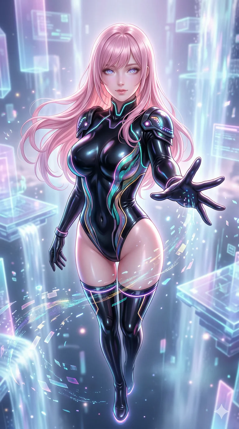 score_9, masterpiece, best quality, ultra-detailed, semi-realistic high-budget anime keyframe, an incredibly beautiful Japanese woman. Low angle cowboy shot filling the frame. She is a virtual reality goddess who rules a digital paradise, reaching out to the viewer. She has an absolutely perfect 8-heads proportion, an exceptionally tall and slender female figure with a voluptuous body. Her face is a masterpiece with pastel pink hair and glowing eyes. She is wearing a skin-tight glossy latex outfit with iridescent accents, highlighting her alluring silhouette. Swirling digital fragments, dramatic rim lighting, radiant glowing skin, 2k, ultra detail, master piece, 9:16 ratio