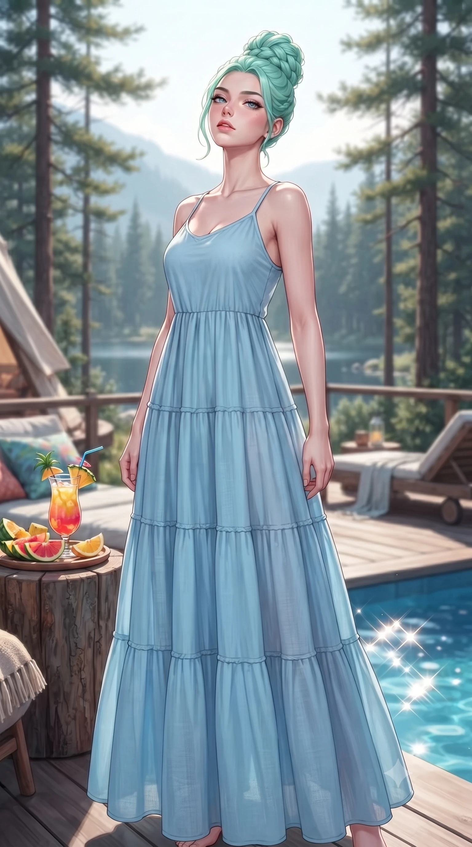 score_9, masterpiece, best quality, ultra-detailed, high-budget anime keyframe, editorial fashion photography, tasteful artistic composition, Japanese woman. low angle full-body shot from head to toe showing her feet, filling the entire 9:16 vertical frame with her statuesque presence, stretching her vertical silhouette. standing in a captivating power pose, tilting her chin up with a smoldering, bright expression set against a soft-focus background of on a cozy glamping deck surrounded by tall pine trees and a quiet mountain lake with a colorful tropical juice drink and fresh fruit slices on a side table. She has an absolutely perfect, statuesque 8.5-heads proportion, an exceptionally tall and slender model-like female figure with impossibly long slender legs and an ultra-slim waist. sharp v-shaped jawline, high-bridge nose, intricate jewel-like eyes with depth, thick eyelashes, glossy lips with a natural sheen. wearing slim-fit lovely tiered maxi dress in baby blue, featuring a relaxed silhouette. fresh morning sun rays creating sparkling glints on the blue pool water. ultra-reflective glossy finish, specular highlights, metallic sheen, high-contrast stereoscopic depth, volumetric dynamic lighting, 2k, ultra detail, master piece, 9:16 ratio