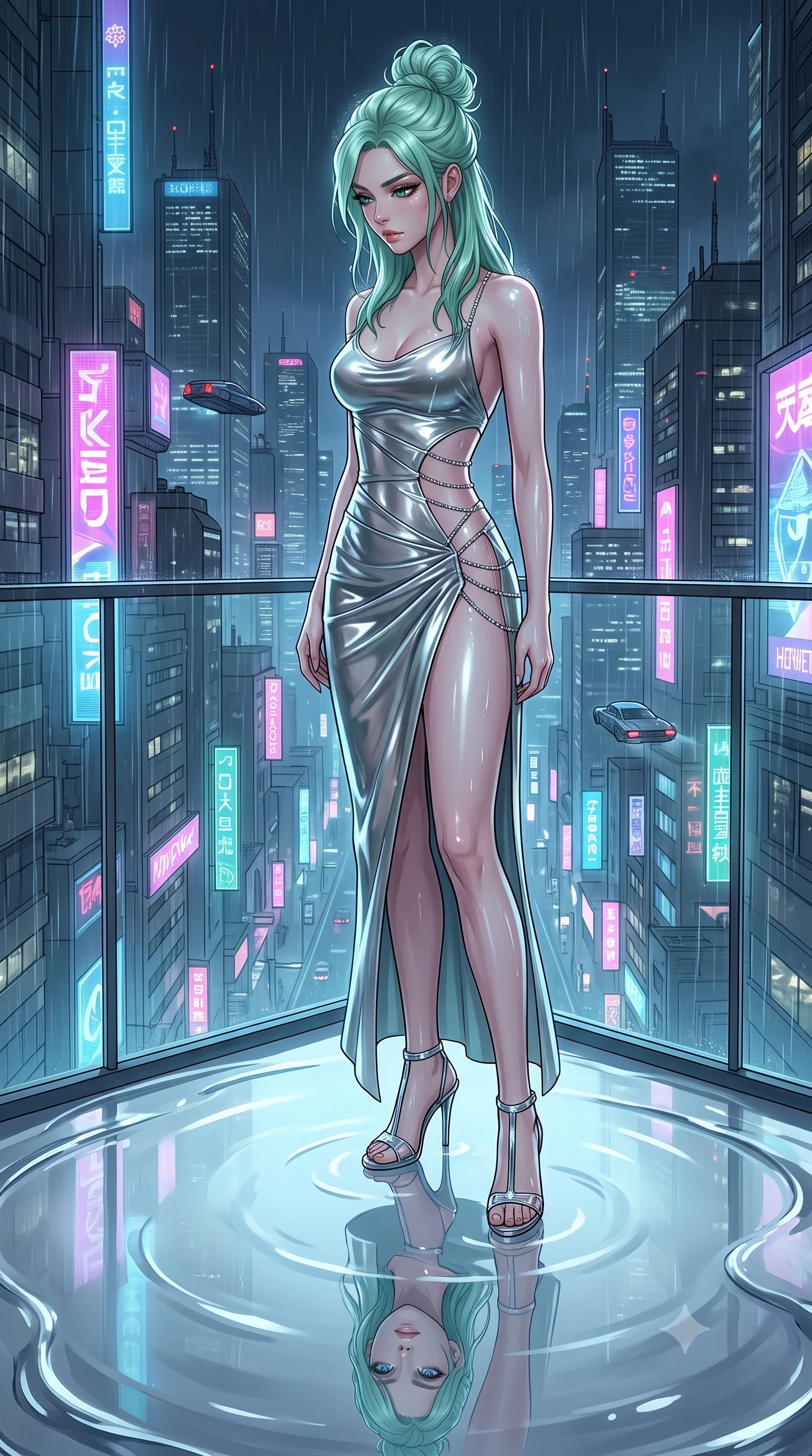 score_9, masterpiece, best quality, ultra-detailed, High-budget Anime Keyframe, East Asian woman. Dynamic full-body shot stretching the vertical silhouette to the limit. Scenario 280: gazing at her reflection in a pool of liquid silver in a minimalist glass balcony overlooking a rainy cyberpunk megacity. Her presence is magnetic and overpowering in this high-budget anime scene. Outfit 280: a body-hugging molten liquid silk garter with a thigh-high slit and wet-look texture. The clothing is designed to emphasize her exceptionally tall and slender 8-heads proportion. 8-heads proportion, towering silhouette, ultra-slim waist. sharp v-shaped jawline, intricate jewel-like eyes with depth, thick eyelashes, glossy lips. 2k, ultra detail, master piece, 9:16 ratio
