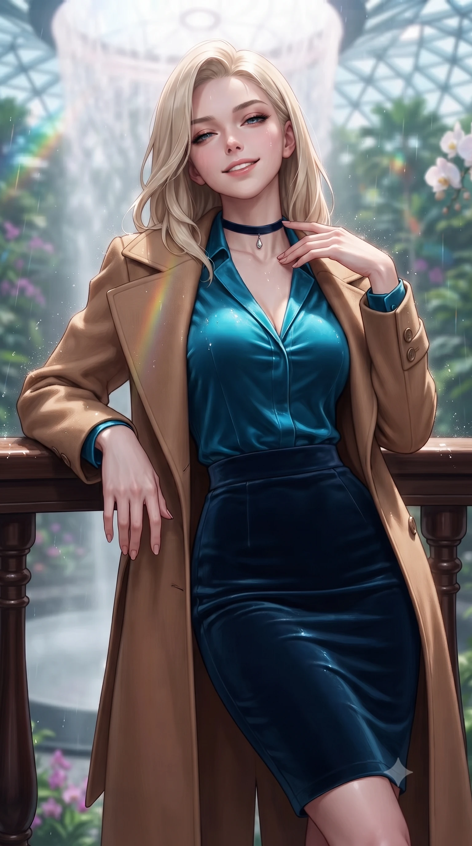 score_9, masterpiece, best quality, ultra-detailed, high-budget anime keyframe, editorial fashion photography, tasteful artistic composition, Caucasian woman. close-up cowboy shot from the waist and thighs up, the character dominates the composition, filling the frame with her large presence. leaning back against the balustrade with relaxed seductive grace, head tilted back slightly while casting a hypnotic, heavy-lidded gaze while twisting her slender torso in an alluring S-curve beside lush tropical orchid trees, rainbow light beams and waterfall droplets caressing her flat midriff. The background shows a soft-focus swirling thermal waterfall mist softened in futuristic garden dome shallow focus. She has an exceptionally elegant, slender, and willowy female figure with an ultra-slim waist, flat toned midriff, narrow ribcage, and sculpted feminine hips creating an alluring, slim hourglass silhouette without bulk. sharp v-shaped jawline, high-bridge nose, intricate jewel-like sparkling eyes with depth, thick eyelashes, glossy parted lips with a natural peach sheen, bright cheerful beaming smile with an enchanting and coquettish sensual glint, exuding both youthful cute charm and seductive allure, flawlessly proportioned anatomical accuracy, strict slender model proportions, natural body alignment, perfectly sculpted long slender limbs, ultra-slim waistline, clean dynamic posture without body distortion. wearing a structured double-faced camel hair wrap coat draped over a tailored silk blouse and pencil skirt in Singapore Marina Bay electric cyan and midnight sapphire, tailored from ultra-plush silk velvet with rich tactile depth and deep shadow gradients, finished with a thin velvet ribbon choker and a single teardrop diamond pendant, the bespoke structured tailoring following the natural line of her 8.5-heads silhouette with refined elegance. illuminated by waterfall spray specular bounce and sharp rainbow-platinum rim lights defining her dewy collarbones, ultra-slim waist, and curvy hips. ultra-reflective glossy finish, specular highlights, rich textural contrasts, high-contrast stereoscopic depth, volumetric dynamic lighting, 2k, ultra detail, master piece, 9:16 ratio