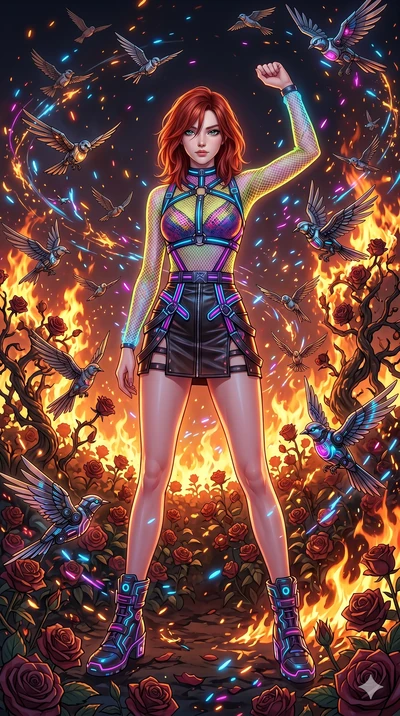 score_9, masterpiece, best quality, ultra-detailed, Set A: High-budget Anime Keyframe, Caucasian (strictly human ears) woman. Low angle cowboy shot filling the entire 9:16 frame with her statuesque presence. Standing victoriously through a burning ro