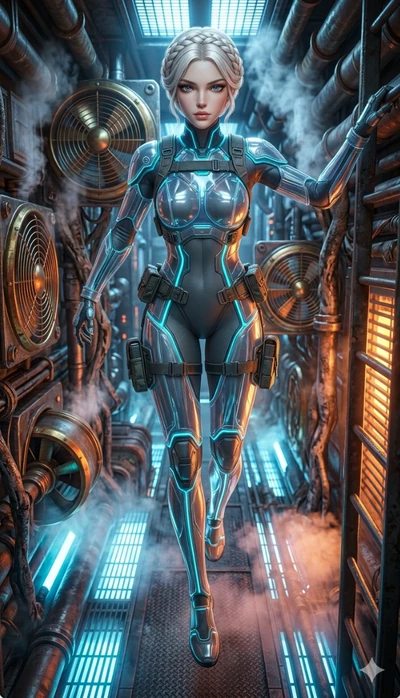 score_9, masterpiece, best quality, ultra-detailed, semi-realistic 3D game render, high-fidelity textures, Unreal Engine 5 style, Caucasian (strictly human ears) woman. Extreme high angle shot as she leaps towards the camera, filling the frame. navig