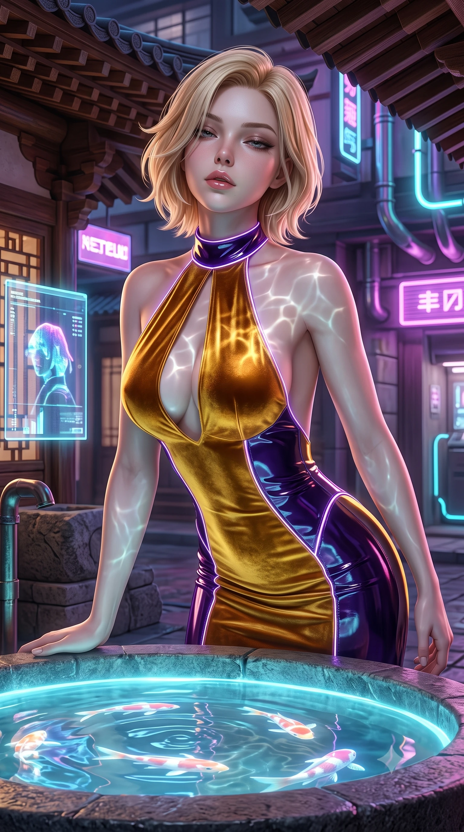 score_9, masterpiece, best quality, ultra-detailed, high-budget anime keyframe, semi-realistic 3D game render, editorial fashion photography, tasteful artistic composition, Caucasian woman. close-up cowboy shot from the waist and thighs up, the character dominates the composition, filling the frame with her large presence. casting a slow, smoldering gaze beneath heavy lashes with parted glossy lips, her head slightly tilted in captivating self-assurance while leaning over a glowing water basin as golden digital fish ripple light across her clavicle and chest. The surrounding environment is rendered in vivid detail and crisp panoramic clarity. fusion of traditional oriental architecture and sleek cyberpunk elements in high resolution. She has an exceptionally elegant, slender, and willowy female figure with an ultra-slim waist, a gracefully sculpted slender torso, and a refined silhouette. sharp v-shaped jawline, high-bridge nose, intricate jewel-like eyes with depth, thick eyelashes, glossy lips with a natural sheen, flawlessly proportioned anatomical accuracy, natural body alignment, perfectly sculpted elegant limbs, clean dynamic posture without body distortion. wearing a velvet halter-neck midi dress fitting her statuesque contour flawlessly with a Tasteful chest slit and open spine in lustrous molten gold and pure deep violet, formed from high-gloss patent material with specular light reflections, accented with glowing fiber-optic seams tracing her collarbones and hip curves, the form-contouring second-skin material highlighting her ultra-slim waist and long lines. surrounded by an intimate, exotic, and captivatingly sensual oriental cyber atmosphere. highly saturated vibrant anime colors, detailed shading with soft gradients, rich glossy textures, high-contrast stereoscopic depth, volumetric dynamic lighting, master piece, 9:16 ratio