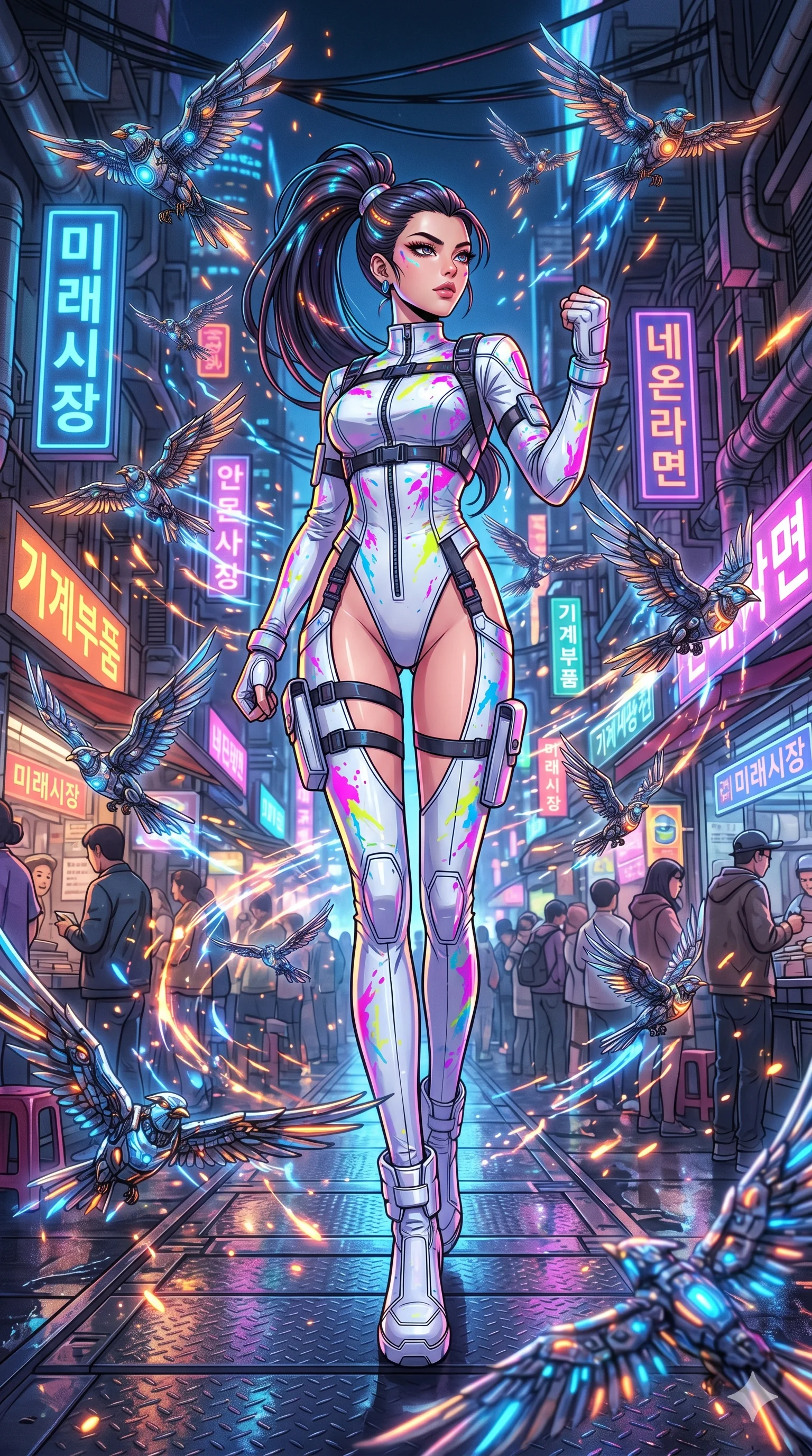 score_9, masterpiece, best quality, ultra-detailed, Set A: High-budget Anime Keyframe, Korean woman. Low angle cowboy shot filling the entire 9:16 frame with her statuesque presence. Standing victoriously through a futuristic night market, surrounded by a whirlwind of 272 mechanical birds and surrounded by glowing energy sparks. She has an absolutely perfect 8-heads proportion, an exceptionally tall and slender female figure with impossibly long slender legs and an ultra-slim waist. Sharp v-shaped jawline, high-bridge nose, intricate jewel-like eyes with depth, thick eyelashes, glossy lips with a natural sheen. Wearing Neon-splattered white leather suit with high-cut legs and tactical harness. Cinematic lighting, vibrant colors, dramatic shadows, 2k, ultra detail, master piece, 9:16 ratio
