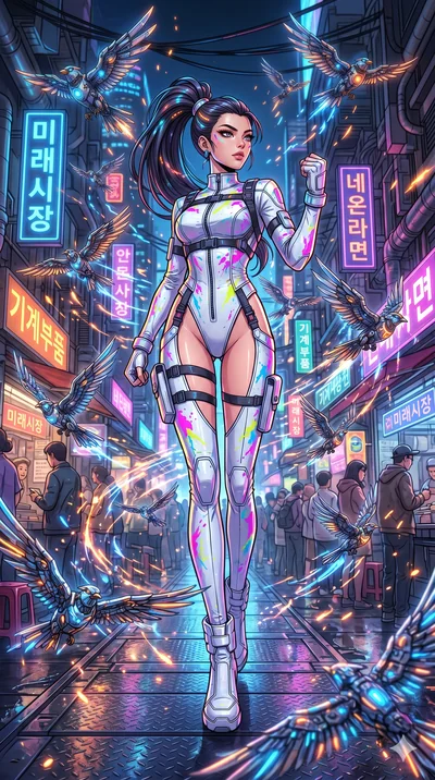 score_9, masterpiece, best quality, ultra-detailed, Set A: High-budget Anime Keyframe, Korean woman. Low angle cowboy shot filling the entire 9:16 frame with her statuesque presence. Standing victoriously through a futuristic night market, surrounded