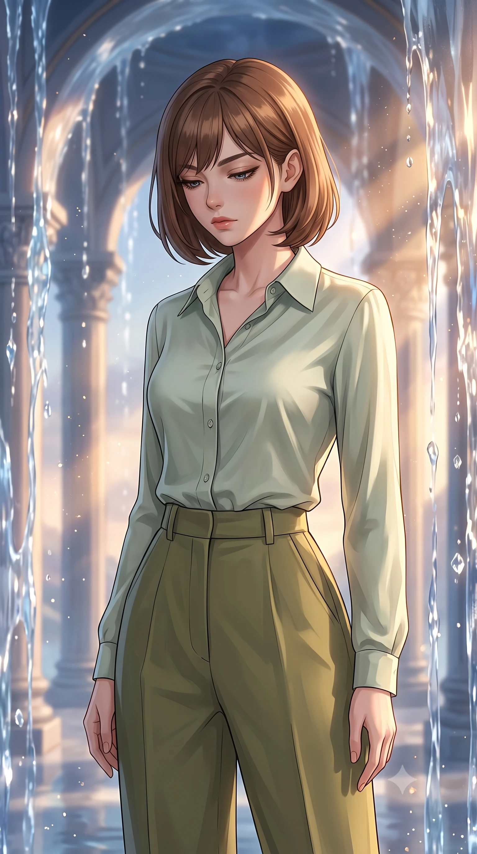 score_9, masterpiece, best quality, ultra-detailed, high-budget anime keyframe, editorial fashion photography, tasteful artistic composition, Caucasian woman, strictly human ears. close-up cowboy shot from the waist and thighs up, the character dominates the composition, filling the frame with her large presence, background elements kept in soft focus. Looking down with lowered lashes and a composed powerful expression. set against a soft-focus background of a celestial palace where water defies gravity and falls upward in shimmering reverse cascades forming archways columns and curtains of suspended crystalline water that catch and bend starlight. She has an exceptionally elegant and slender, willowy female figure with an ultra-slim waist, a gracefully sculpted slender torso, and a refined slim physique. sharp v-shaped jawline, high-bridge nose, intricate jewel-like eyes with depth, thick eyelashes, glossy lips with a natural sheen. wearing a pale sage green button-down silk shirt tucked into high-waisted olive green wide-leg trousers. golden hour sunlight streaming in warm shafts with floating dust particles catching the light. 2k, ultra detail, master piece, 9:16 ratio