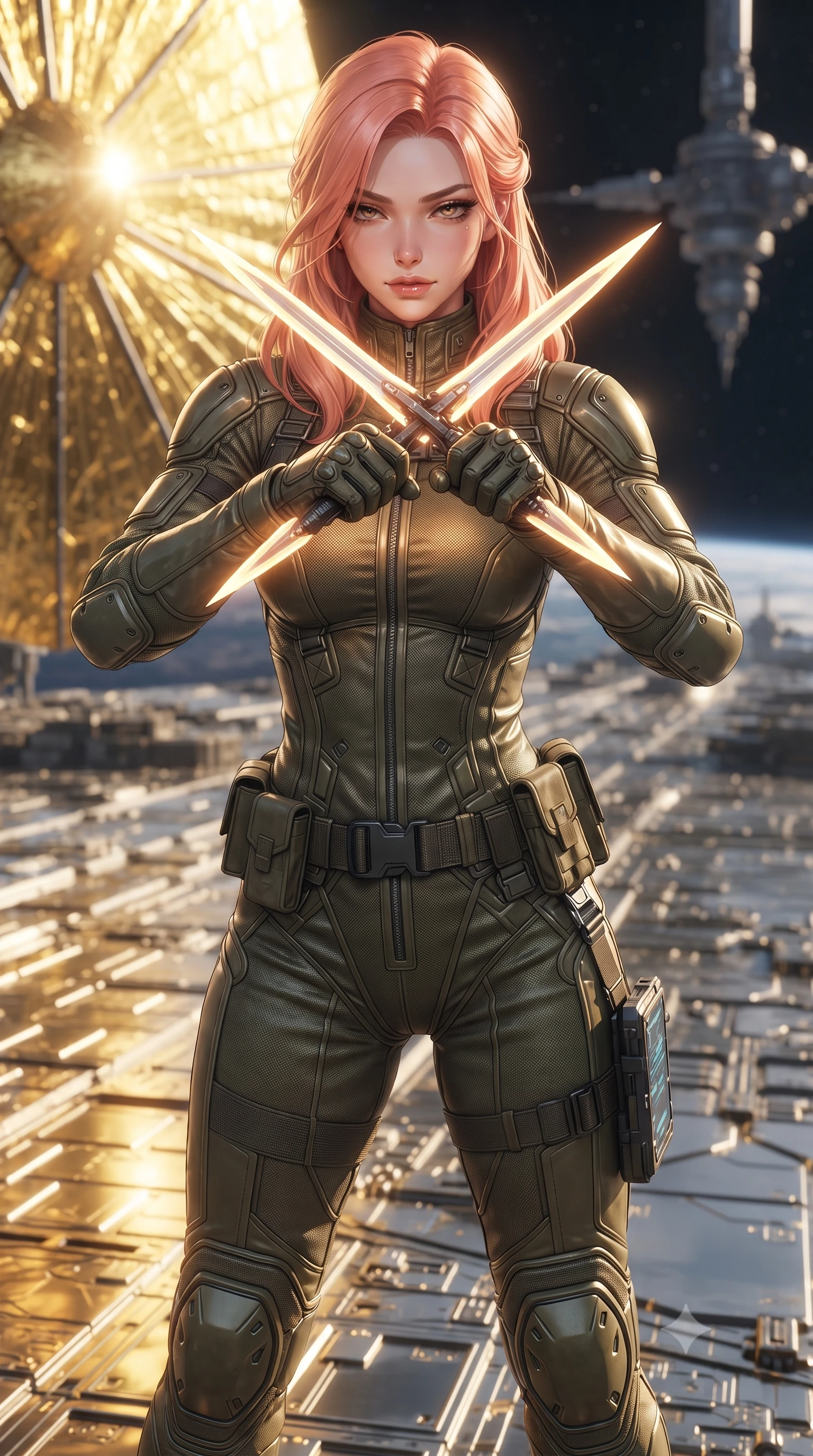 score_9, masterpiece, best quality, ultra-detailed, high-budget anime keyframe, editorial fashion photography, tasteful artistic composition, Japanese woman. close-up cowboy shot from the waist and thighs up, the character dominates the composition, filling the frame with her large presence, background elements kept in soft focus. holding two energy daggers crossed in front of her elegant collarbone, casting a heavy-lidded, sultry look, the background shows a soft-focus the reflective carbon-foil deck of a massive orbital solar-sail ship. She has an exceptionally elegant, slender, and willowy female figure with an ultra-slim waist, a gracefully sculpted slender torso, and a refined silhouette. sharp v-shaped jawline, high-bridge nose, intricate jewel-like eyes with depth, thick eyelashes, glossy lips with a natural sheen. wearing a form-contouring high-collared utility combat jumpsuit made of rugged olive-drab ballistic fabric with protective knee guards. intense solar glare reflecting off gold foil, casting harsh, metallic side-key light. ultra-reflective glossy finish, specular highlights, metallic sheen, high-contrast stereoscopic depth, volumetric dynamic lighting, 2k, ultra detail, master piece, 9:16 ratio