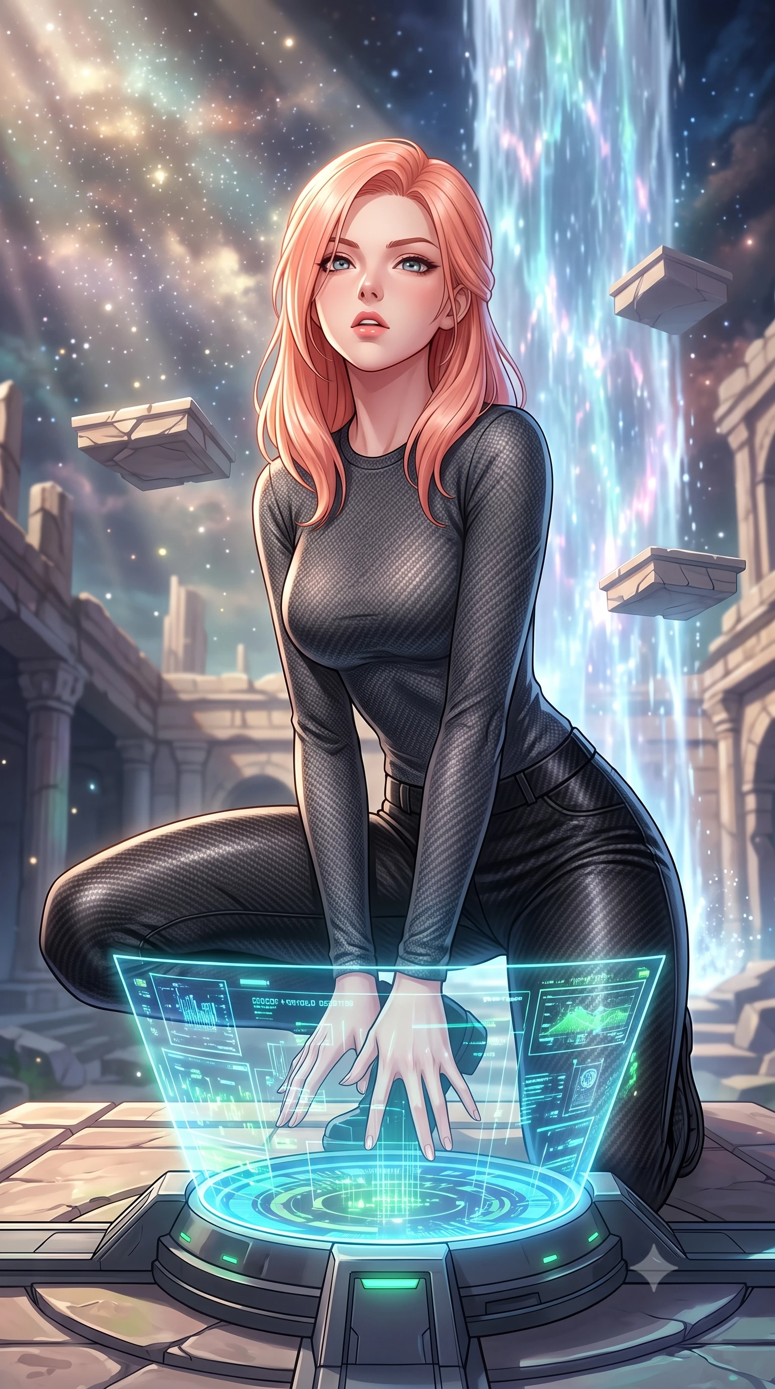 score_9, masterpiece, best quality, ultra-detailed, high-budget anime keyframe, editorial fashion photography, tasteful artistic composition, Japanese woman. close-up cowboy shot from the waist and thighs up, the character dominates the composition, filling the frame with her large presence, background elements kept in soft focus. crouching slightly behind a glowing holographic shield emitter, looking up with defiance and lips slightly parted, the background shows a soft-focus a ruins courtyard with levitating stone platforms near the energy waterfall. She has an exceptionally elegant, slender, and willowy female figure with an ultra-slim waist, a gracefully sculpted slender torso, and a refined silhouette. sharp v-shaped jawline, high-bridge nose, intricate jewel-like eyes with depth, thick eyelashes, glossy lips with a natural sheen. wearing a slim-fit form-fitting carbon-weave long-sleeve top paired with tight-fitting black carbon-fiber pants. dappled starlight filtering through cosmic dust clouds, creating light rays. highly saturated vibrant anime colors, detailed shading with soft gradients, rich glossy textures, high-contrast stereoscopic depth, volumetric dynamic lighting, master piece, 9:16 ratio