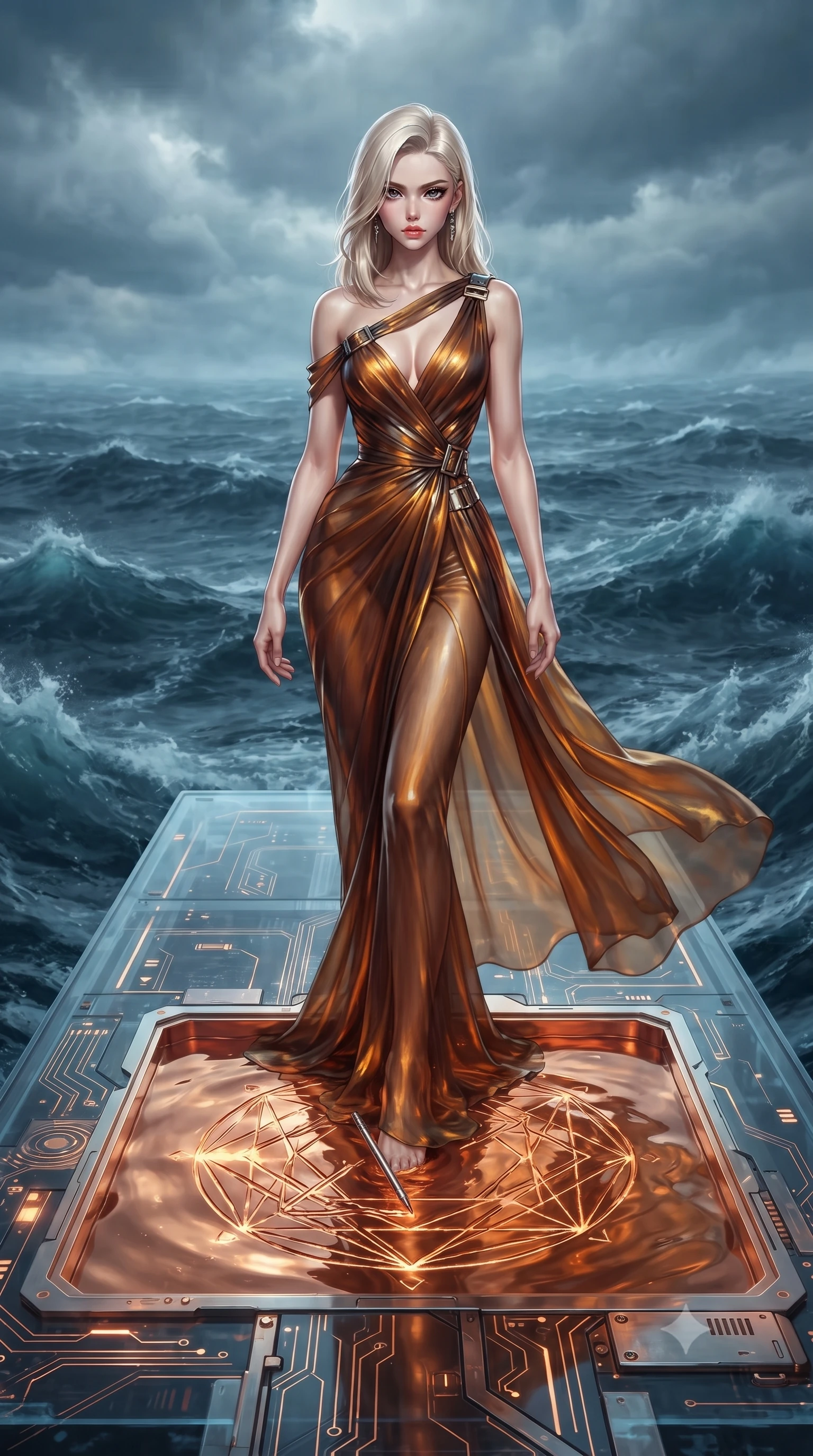 score_9, masterpiece, best quality, ultra-detailed, High-budget Anime Keyframe, editorial fashion photography, tasteful artistic composition, realistic cosplay photography, Caucasian woman, strictly human ears. Dynamic full-body shot stretching the vertical silhouette to the limit. Scenario 371: tracing geometric patterns in a pool of warm liquid copper inside a floating platform suspended over a stormy sea of dark blue water. Her presence is magnetic and overpowering in this high-budget cinematic scene. Outfit 371: a tailored shimmering chiffon long with a low-cut shoulder and metallic buckles. The clothing is designed to emphasize her exceptionally tall and slender 8-heads proportion. 8-heads proportion, towering silhouette, ultra-slim waist. sharp v-shaped jawline, intricate jewel-like eyes with depth, thick eyelashes, glossy lips. ultra-reflective glossy finish, specular highlights, metallic sheen, high-contrast stereoscopic depth, volumetric dynamic lighting, 2k, ultra detail, master piece, 9:16 ratio