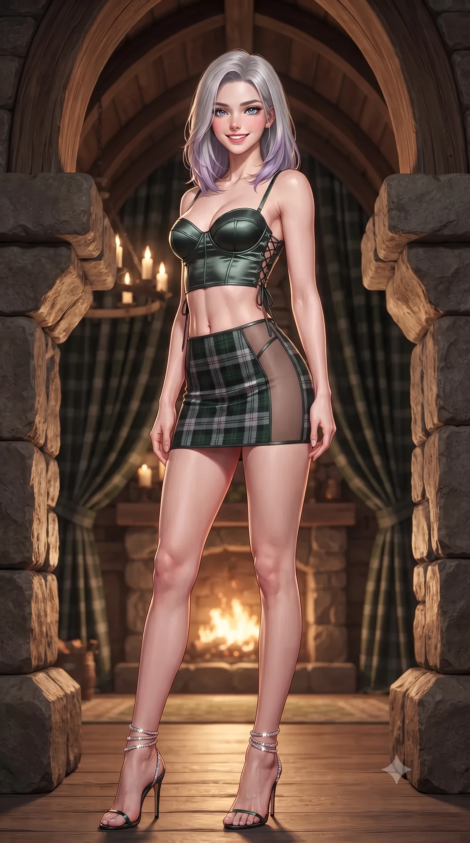 score_9, masterpiece, best quality, ultra-detailed, high-budget anime keyframe, editorial fashion photography, tasteful artistic composition, Caucasian woman. close-up cowboy shot from the waist and thighs up, the character dominates the composition, filling the frame with her large presence. tilting her head with a teasing half-smile, running one hand slowly down the side of her hip in a flirtatious S-curve as ambient light caresses her silhouette while standing poised between massive rough-hewn stone fireplace corbels beneath soaring timber barrel vaults, arching her lower back with sovereign supermodel grace as tallow candle chandeliers flicker in the draft. The background shows a soft-focus billowing wool tartan draperies softened in medieval Highland stronghold shallow focus. She has an exceptionally elegant, slender, and willowy female figure with an ultra-slim waist, flat toned midriff, narrow ribcage, and sculpted feminine hips creating an alluring, slim hourglass silhouette without bulk. sharp v-shaped jawline, high-bridge nose, intricate jewel-like sparkling eyes with depth, thick eyelashes, glossy parted lips with a natural peach sheen, bright cheerful beaming smile with an enchanting and coquettish sensual glint, exuding both youthful cute charm and seductive allure, flawlessly proportioned anatomical accuracy, strict slender model proportions, natural body alignment, perfectly sculpted long slender limbs, ultra-slim waistline, clean dynamic posture without body distortion. wearing a sculpted satin underwire crop bustier with lace-up side ties paired with a micro skirt in Loch Ness deep peat moss green and silver starlight, featuring strategic sheer-illusion tulle side panels framing her ribcage and hips, complemented by strappy stiletto sandals with crystal ankle wraps accentuating her slender calves, the second-skin tailored fabric adhering flawlessly to her sculpted flat midriff and slender torso, emphasizing her long leg lines and perfectly proportioned willowy build. bathed in the warm radiant 2200K glow of the roaring stone fireplace mixed with soft tallow candle flame sconces. ultra-reflective glossy finish, specular highlights, rich textural contrasts, high-contrast stereoscopic depth, volumetric dynamic lighting, 2k, ultra detail, master piece, 9:16 ratio