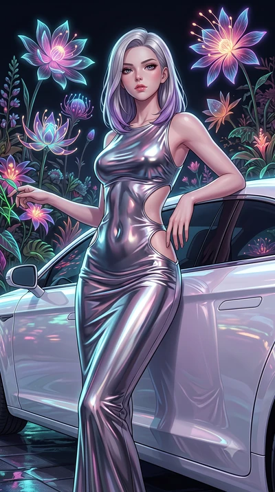 score_9, masterpiece, best quality, ultra-detailed, High-budget Anime Keyframe, Caucasian woman, strictly human ears. Low angle cowboy shot filling the entire 9:16 frame with her statuesque presence. Scenario 295: leaning against a sleek white hover-