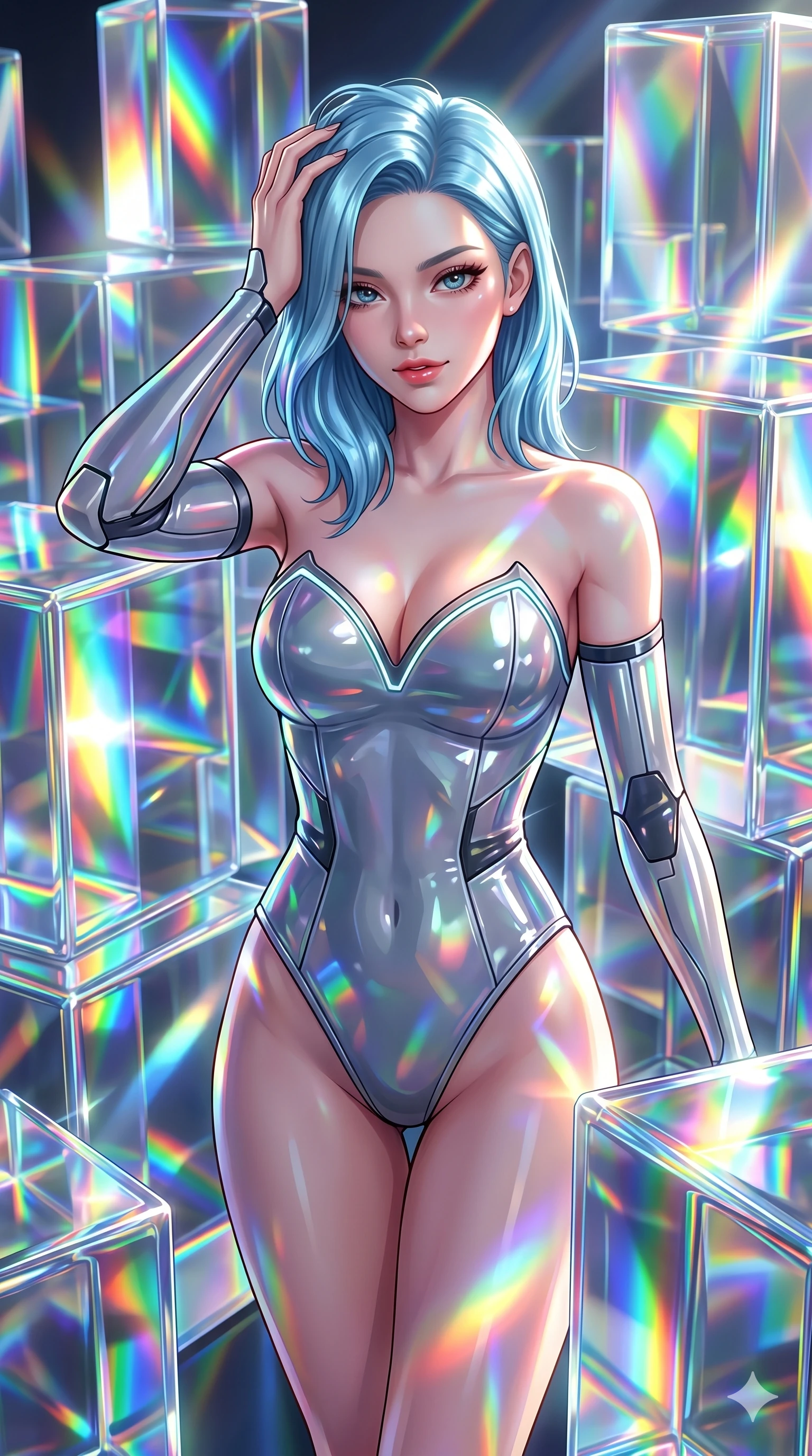 score_9, masterpiece, best quality, ultra-detailed, high-budget anime keyframe, semi-realistic 3D game render, Korean woman. Upper body close-up from the thighs up, character filling the screen for maximum presence. She is moving with dynamic energy, reflecting in a maze of giant prismatic glass blocks that shower bright spectrums of light. She runs a hand through her hair with a playful, teasing expression. She has an absolutely perfect 8-heads proportion, a tall and elegant figure with a refined silhouette and a defined waistline. V-shaped jawline, high-bridge nose, intricate jewel-like eyes with depth, thick eyelashes, glossy lips with a natural sheen. She is wearing a structured cybernetic bodice in glossy vinyl panels, paired with detached sleeves and a refined V-neckline detailed with glowing piping. The scene is drenched in blindingly bright rainbow prismatic spotlights with sharp specular highlights. 2k, ultra detail, master piece, 9:16 ratio