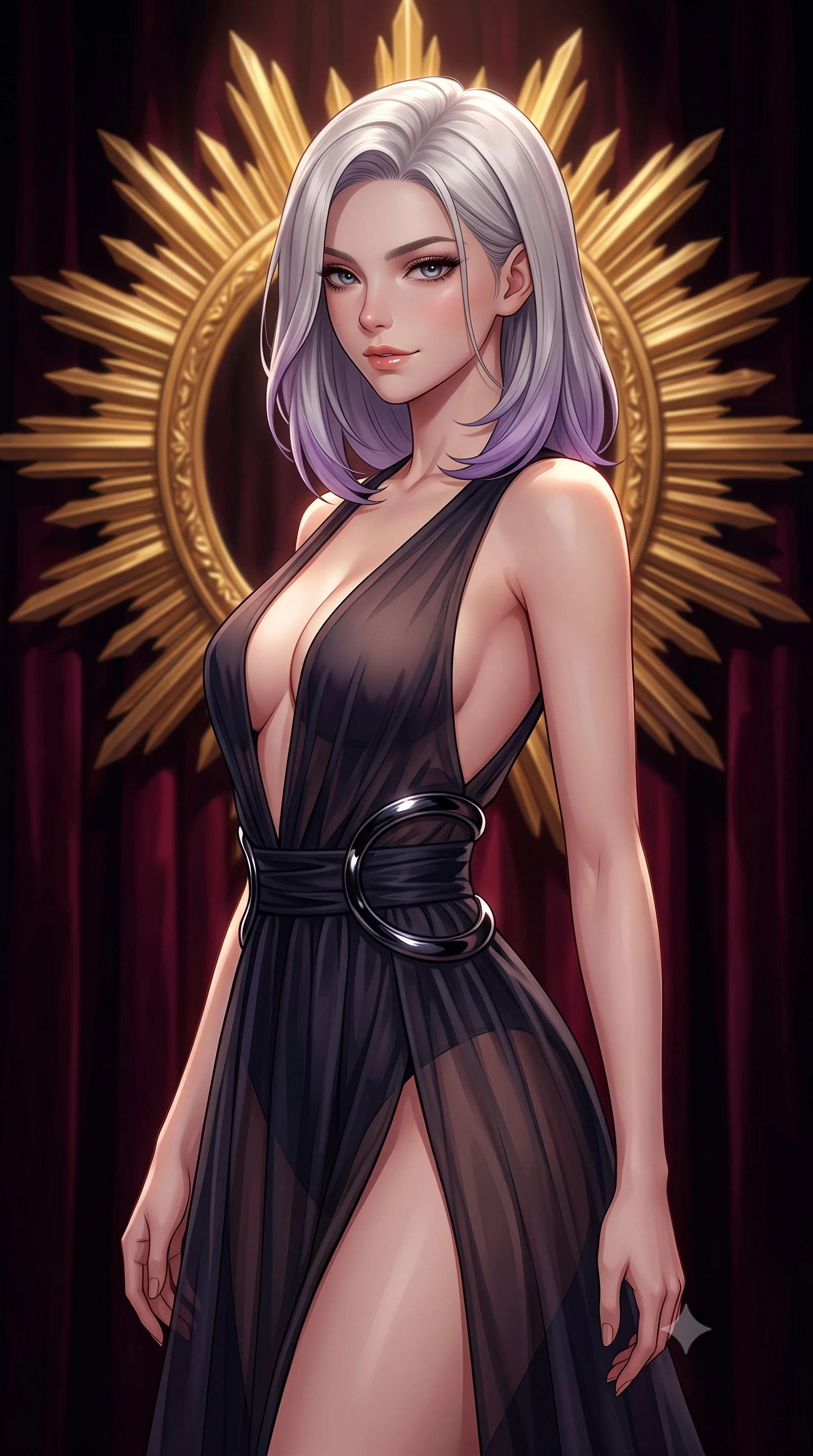 score_9, masterpiece, best quality, ultra-detailed, high-budget anime keyframe, editorial fashion photography, tasteful artistic composition, Caucasian woman. close-up cowboy shot from the waist and thighs up, the character dominates the composition, filling the frame with her large presence, background elements kept in soft focus. Glancing sidelong over her shoulder with a smoldering, enigmatic half-smile, standing before a giant golden sunburst mirror in a dark crimson velvet suite, heavy velvet curtains creating rich dark shadows and deep color accents. She has an exceptionally elegant, slender, and willowy female figure with an ultra-slim waist, a gracefully sculpted slender torso, and a refined silhouette. sharp v-shaped jawline, high-bridge nose, intricate jewel-like eyes with depth, thick eyelashes, glossy lips with a natural sheen. wearing deep plunging V-neckline midnight gown with daring high thigh slit in pitch-black onyx, made of sheer dark organza overlay, accented with sculpted obsidian chrome rings at the waist, contouring every curve with an exceptionally elegant silhouette. lit by a single warm spotlight emerging from pitch-black background shadows. highly saturated vibrant anime colors, detailed shading with soft gradients, rich glossy textures, high-contrast stereoscopic depth, volumetric dynamic lighting, master piece, 9:16 ratio
