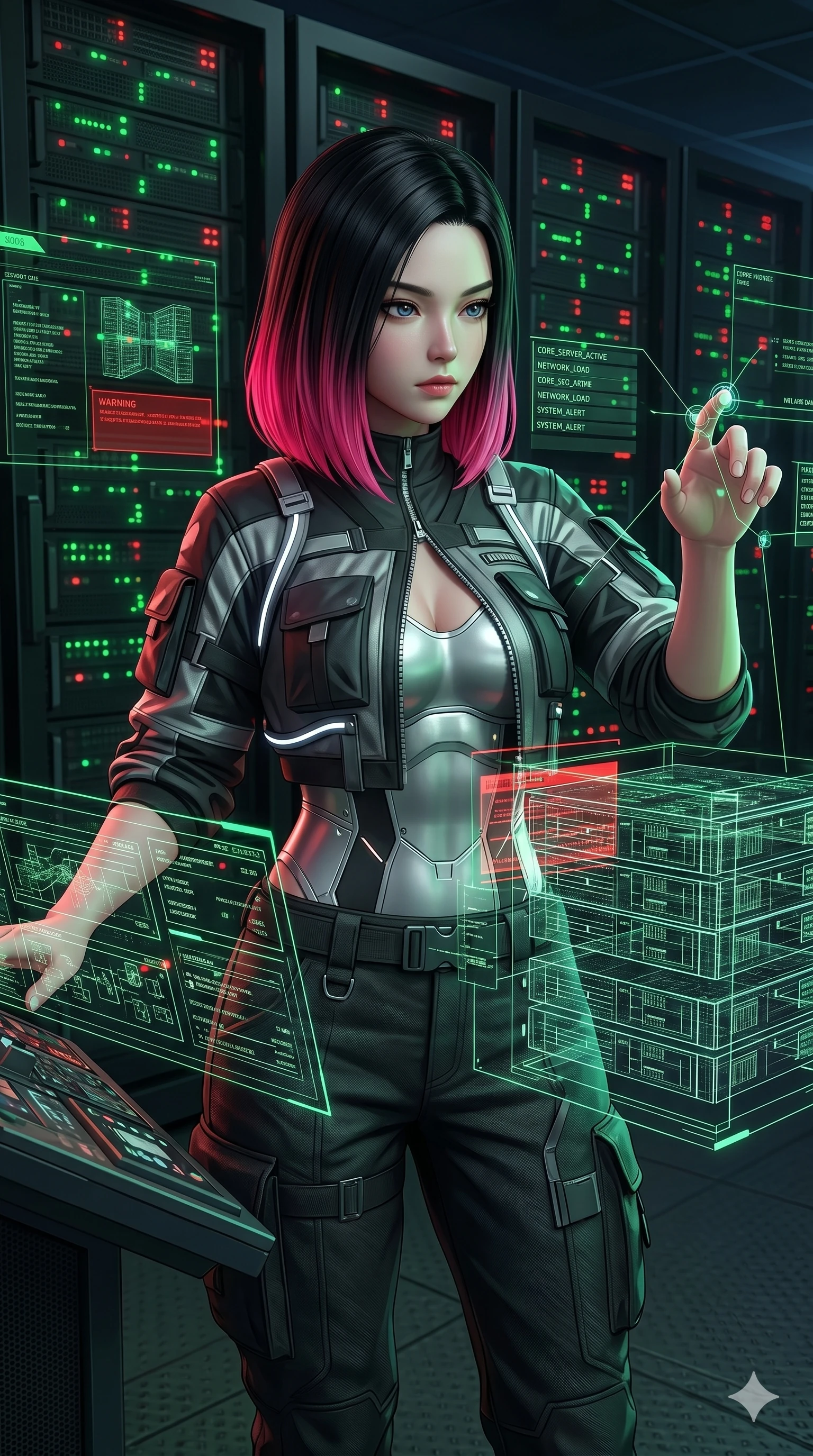 score_9, masterpiece, best quality, ultra-detailed, high-budget anime keyframe, semi-realistic 3D game render, Korean woman. Upper body close-up from the thighs up, character filling the screen for maximum presence. Inside a virtual reality control room, managing servers, monitoring server status with a focused, serious expression. She is wearing a tech-wear uniform shirt over a silver bodice and dark trousers. The scene is lit by the green and red blinking lights of the wireframe server blocks. 2k, ultra detail, master piece, 9:16 ratio