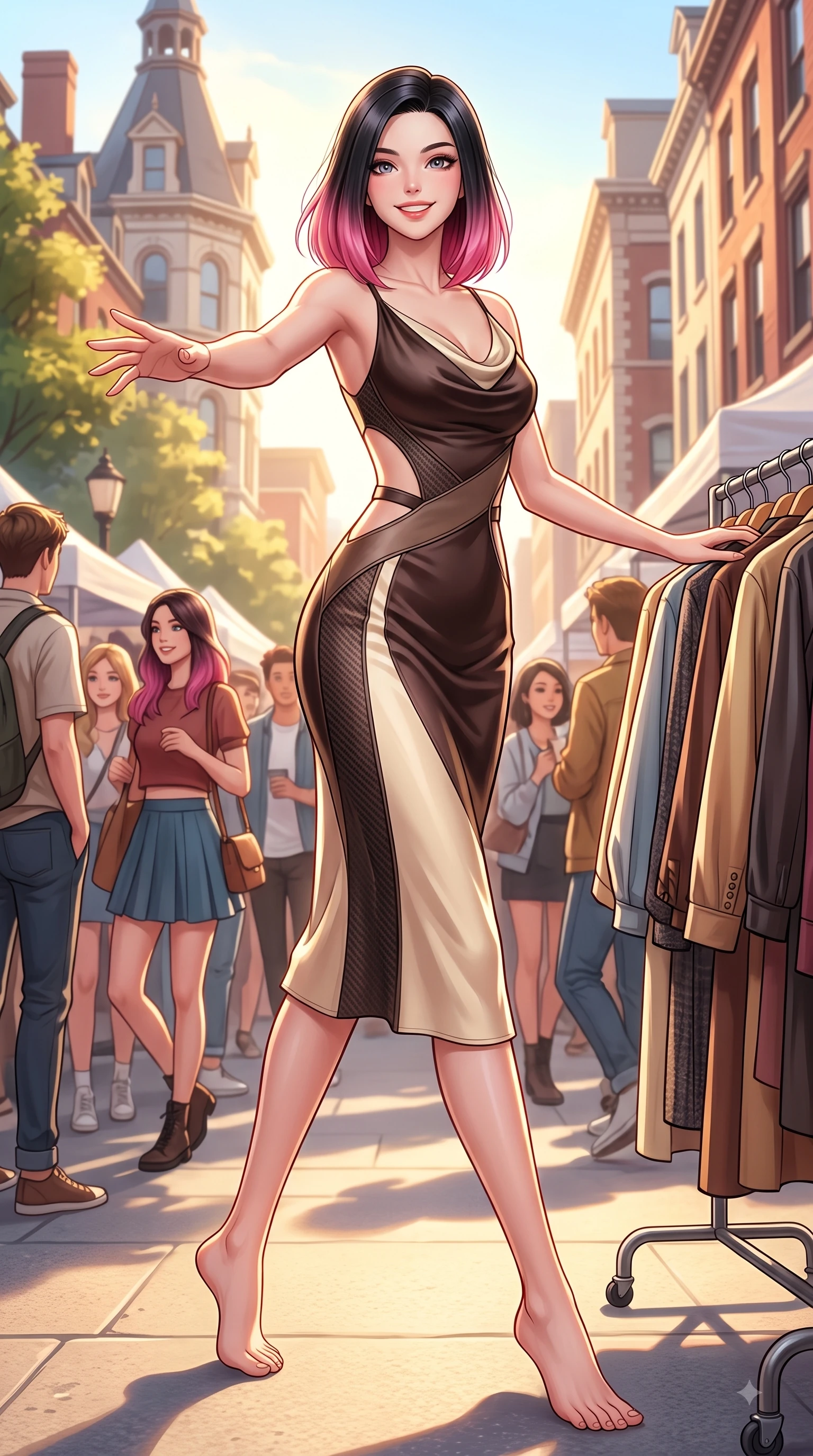 score_9, masterpiece, best quality, ultra-detailed, high-budget anime keyframe, editorial fashion photography, tasteful artistic composition, Korean woman. low angle full-body shot from head to toe showing her feet, filling the entire 9:16 vertical frame with her statuesque presence, stretching her vertical silhouette. stepping forward in a proud dynamic stride with a cheerful beaming smile, her vertical silhouette filling the frame while reaching one arm out playfully toward the camera while browsing a outdoor vintage clothing rack, young stylish crowds and chic architecture creating a lively college town atmosphere. She has an absolutely perfect, statuesque 8.5-heads proportion, an exceptionally tall and slender model-like female figure with impossibly long slender legs and an ultra-slim waist. sharp v-shaped jawline, high-bridge nose, intricate jewel-like eyes with depth, thick eyelashes, glossy lips with a natural sheen, flawlessly proportioned anatomical accuracy, natural body alignment, perfectly sculpted elegant limbs, clean dynamic posture without body distortion. wearing an elegant cowl-neck satin midi dress with a graceful draped neckline in espresso brown and warm cream, made of fine carbon-fiber weave and soft matte leather, featuring clean architectural cutouts along her slender torso, the glove-like fit emphasizing her statuesque silhouette during motion. bathed in bright golden hour sunshine and warm urban ambient illumination. highly saturated vibrant anime colors, detailed shading with soft gradients, rich glossy textures, high-contrast stereoscopic depth, volumetric dynamic lighting, master piece, 9:16 ratio