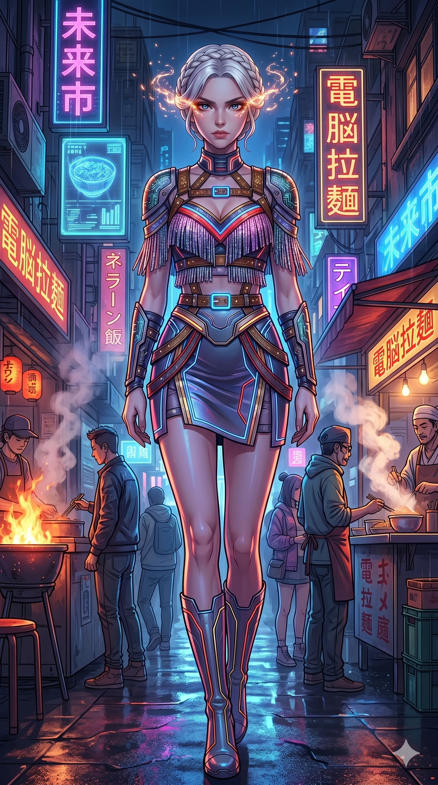 score_9, masterpiece, best quality, ultra-detailed, Set A: High-budget Anime Keyframe, Japanese woman. Upper body close-up from the thighs up, character filling the screen for maximum presence. Walking gracefully through a futuristic night market, with a look of intense determination reflecting the fires of 277 and surrounded by glowing energy sparks. She has an absolutely perfect 8-heads proportion, an exceptionally tall and slender female figure with impossibly long slender legs and an ultra-slim waist. Sharp v-shaped jawline, high-bridge nose, intricate jewel-like eyes with depth, thick eyelashes, glossy lips with a natural sheen. Wearing Cyberpunk idol stage outfit with glittery fringes, leather straps, and glowing LED accents. Cinematic lighting, vibrant colors, dramatic shadows, 2k, ultra detail, master piece, 9:16 ratio