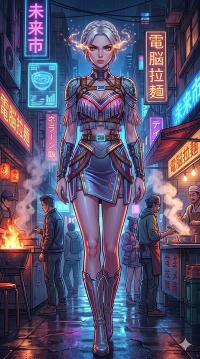 score_9, masterpiece, best quality, ultra-detailed, Set A: High-budget Anime Keyframe, Japanese woman. Upper body close-up from the thighs up, character filling the screen for maximum presence. Walking gracefully through a futuristic night market, wi