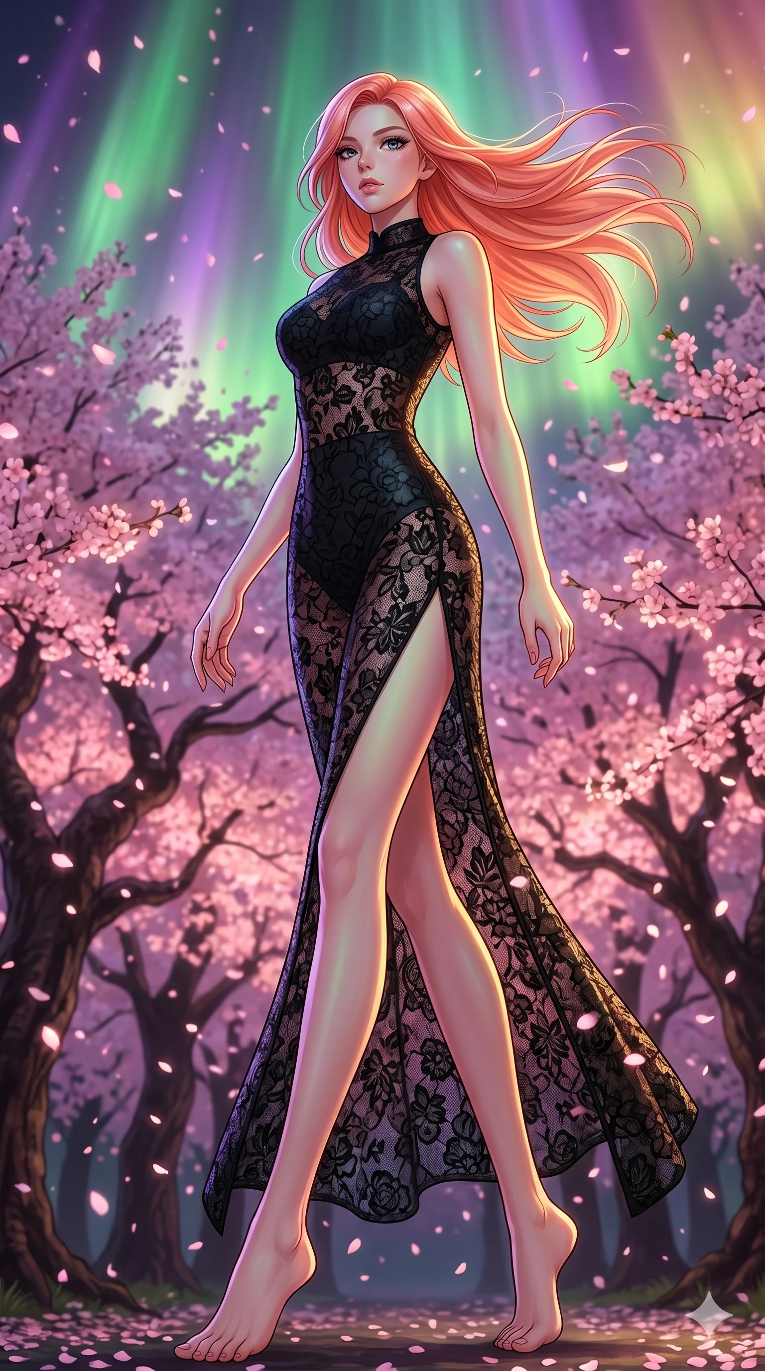score_9, masterpiece, best quality, ultra-detailed, high-budget anime keyframe, editorial fashion photography, tasteful artistic composition, Japanese woman. low angle full-body shot from head to toe showing her feet, filling the entire 9:16 vertical frame with her statuesque presence, stretching her vertical silhouette. Pivoting sharply mid-step with hair sweeping dramatically behind amidst a grove of ancient cherry blossom trees whose petals glow with soft pink light. She has an absolutely perfect 8-heads proportion, an exceptionally tall and slender female figure with impossibly long slender legs and an ultra-slim waist. V-shaped jawline, high-bridge nose, intricate jewel-like eyes with depth, thick eyelashes, glossy lips with a natural sheen. wearing a floor-length column dress in black floral lace with a solid black bodysuit under-layer, featuring a high side slit and mock neck. illuminated by a shifting aurora palette of green, violet, and gold from above, wrapping her in color. 2k, ultra detail, master piece, 9:16 ratio