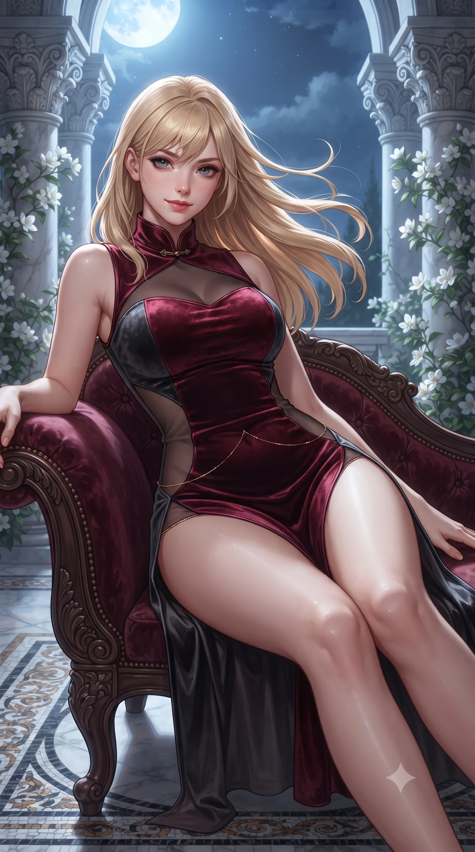 score_9, masterpiece, best quality, ultra-detailed, high-budget anime keyframe, editorial fashion photography, tasteful artistic composition, Caucasian woman. close-up cowboy shot from the waist and thighs up, the character dominates the composition, filling the frame with her large presence. turning slowly with an enchanting smoldering smile, her glossy hair tossing in the breeze as her hips angle gracefully in a captivating contrapposto while lounging in the vintage velvet chaise inside the open loggia, her long slender legs and flat midriff radiating effortless aristocratic sensuality. The surrounding environment is rendered in vivid detail and crisp panoramic clarity: sharp carved Corinthian column capitals, delicate white jasmine petal veins, and marble floor mosaic borders in deep focus. She has an exceptionally elegant, slender, and willowy female figure with an ultra-slim waist, flat toned midriff, narrow ribcage, and sculpted feminine hips creating an alluring, slim hourglass silhouette without bulk. sharp v-shaped jawline, high-bridge nose, sparkling eyes with hypnotic seductive depth, thick curled eyelashes, glossy parted lips with a natural dewy peach sheen, alluring bedroom-eyes with an enchanting coquettish smile, exuding magnetic siren charisma and sophisticated glamour, flawlessly proportioned anatomical accuracy, strict slender model proportions, natural body alignment, perfectly sculpted long slender limbs, ultra-slim waistline, clean dynamic posture without body distortion. wearing a modern cheongsam-inspired sheer mesh dress with high mandarin collar and daring hip-high double side slits in rich cherry lacquer and smoky charcoal, tailored from ultra-plush velvet with rich tactile depth and deep shadow gradients, accented with a dainty gold belly chain resting across her flat midriff and curving hips, the glove-like clinging cut tightly following the natural contour of her hips and long slender legs with youthful 8.5-heads elegance. bathed in cool silver full moonlight streaming from the open sky mixed with warm 2800K light spilling from the chateau grand ballroom. ultra-reflective glossy finish, specular highlights, rich textural contrasts, high-contrast stereoscopic depth, volumetric dynamic lighting, 2k, ultra detail, master piece, 9:16 ratio