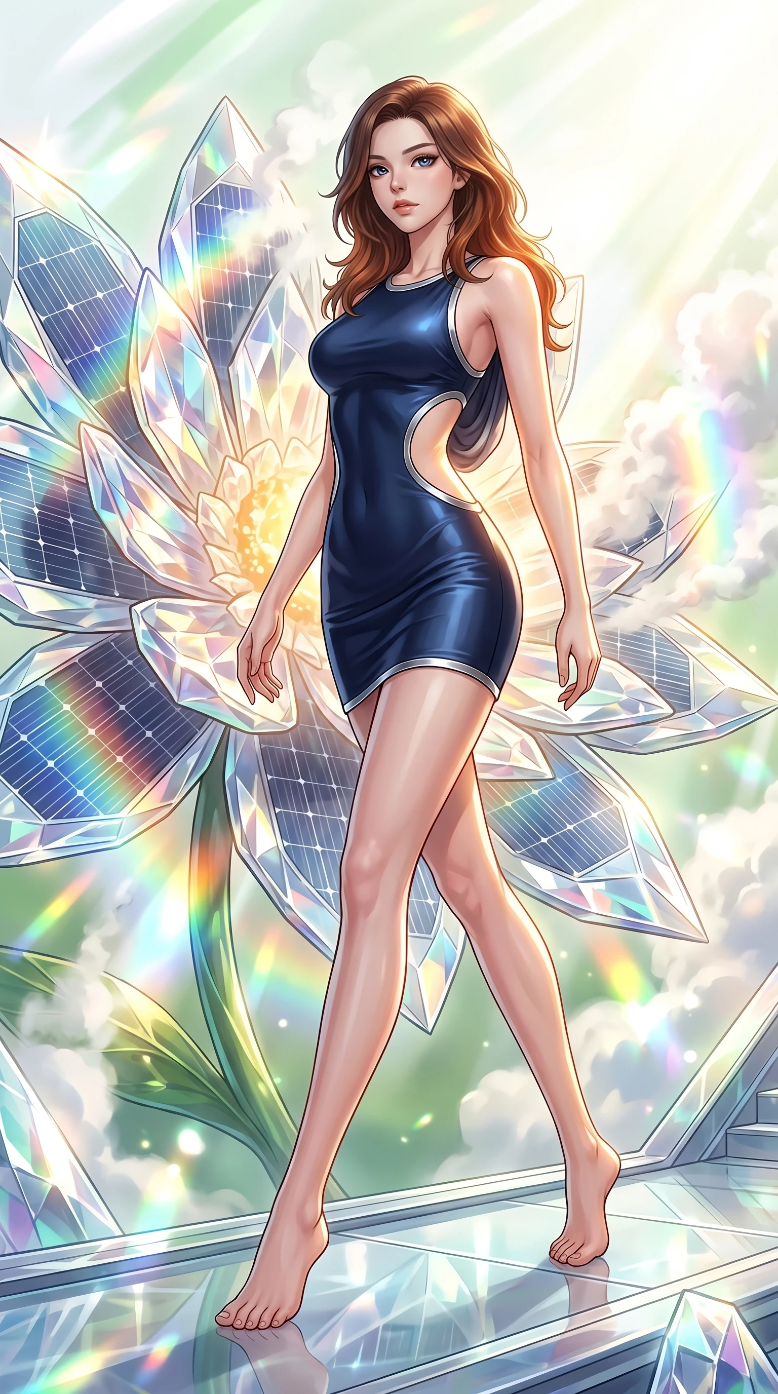score_9, masterpiece, best quality, ultra-detailed, high-budget anime keyframe, editorial fashion photography, tasteful artistic composition, Korean woman. low angle full-body shot from head to toe showing her feet, filling the entire 9:16 vertical frame with her statuesque presence, stretching her vertical silhouette. forging dynamically through the scene with her long slender legs and ultra-slim waist creating a sweeping curve while resting near a giant solar-powered crystal flower as warm sunlight illuminates her slender waist, steam clouds refracting sunlight into brilliant rainbow prisms around her form. She has an absolutely perfect, statuesque 8.5-heads proportion, an exceptionally tall and slender model-like female figure with impossibly long slender legs and an ultra-slim waist. sharp v-shaped jawline, high-bridge nose, intricate jewel-like eyes with depth, thick eyelashes, glossy lips with a natural sheen, flawlessly proportioned anatomical accuracy, natural body alignment, perfectly sculpted elegant limbs, clean dynamic posture without body distortion. wearing a precision-fitted liquid jersey bodycon dress with a graceful draped back in midnight navy blue and chrome trim, crafted from smooth liquid silk, featuring clean architectural cutouts along her slender torso, the elegant draped fit framing her graceful clavicle and slender torso. surrounded by a bright, airy ambiance with radiant white and green highlights. highly saturated vibrant anime colors, detailed shading with soft gradients, rich glossy textures, high-contrast stereoscopic depth, volumetric dynamic lighting, master piece, 9:16 ratio