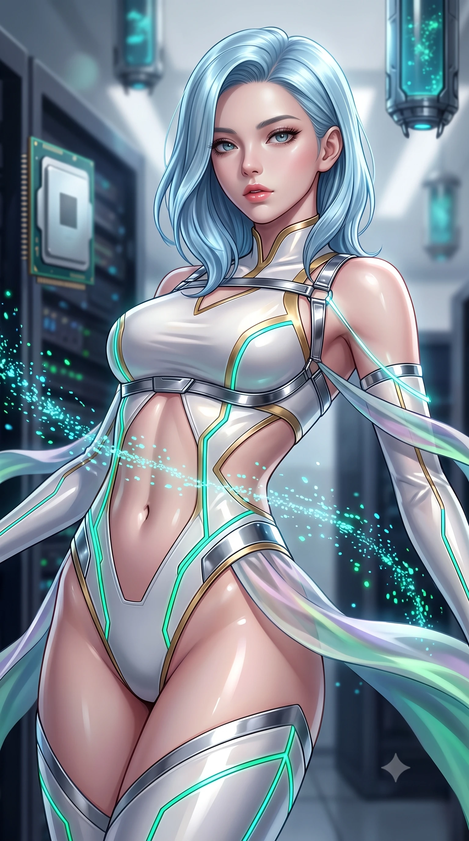score_9, masterpiece, best quality, ultra-detailed, high-budget anime keyframe, editorial fashion photography, tasteful artistic composition, Korean woman. close-up cowboy shot from the waist and thighs up, the character dominates the composition, filling the frame with her large presence. looking into the camera lens with intense, captivating depth, softly parted glossy lips and thick eyelashes framing her ethereal gaze while arching her back gracefully in zero-gravity as streams of illuminated data particles trace her sculpted flat midriff and torso. The composition keeps background elements in soft focus with creamy bokeh. supercomputer processor towers and hovering cryo-nodes softened in dreamy atmospheric depth. She has an exceptionally elegant, slender, and willowy female figure with an ultra-slim waist, a gracefully sculpted slender torso, toned flat midriff, and a refined slim silhouette. sharp v-shaped jawline, high-bridge nose, intricate jewel-like eyes with depth, thick eyelashes, glossy lips with a natural sheen, flawlessly proportioned anatomical accuracy, strict slender model proportions, natural body alignment, perfectly sculpted long slender limbs, ultra-slim waistline, clean dynamic posture without body distortion. wearing a second-skin white-and-gold high-fashion tech-bodysuit with diagonal midriff cutouts and glowing cyan fiber seams in radiant emerald green circuit lines and polished silver sheen, made of smooth flowing silk chiffon that shifts colors with movement, reinforced by a sleek metallic chrome harness and delicate glowing micro-straps, the sleek second-skin cut tightly hugging her graceful clavicle, narrow waist, and feminine curves with athletic precision. illuminated by sharp specular highlights tracing her ultra-slim waist, long legs, and sculpted collarbones. ultra-reflective glossy finish, specular highlights, dark metallic sheen, high-contrast stereoscopic depth, volumetric dynamic lighting, 2k, ultra detail, master piece, 9:16 ratio