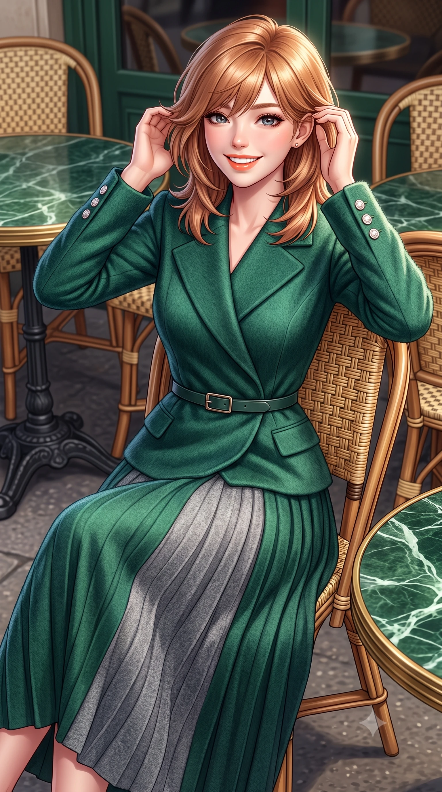 score_9, masterpiece, best quality, ultra-detailed, high-budget anime keyframe, semi-realistic 3D game render, editorial fashion photography, tasteful artistic composition, Korean woman. close-up cowboy shot from the waist and thighs up, the character dominates the composition, filling the frame with her large presence. gently brushing a lock of hair behind her ear with one hand while flashing a radiant, joyful smile while leaning back slightly against the wicker rattan café chair, ankles crossed, enjoying the crisp autumn air with effortless chic. The surrounding environment is rendered in vivid detail and crisp panoramic clarity: sharp green marble tabletop veining, intricate woven rattan chair patterns, and cast-iron table base curves in deep focus. She has an exceptionally elegant, slender, and willowy female figure with an ultra-slim waist, flat toned midriff, narrow ribcage, and sculpted feminine hips creating an alluring, slim hourglass silhouette without bulk. sharp v-shaped jawline, high-bridge nose, intricate jewel-like sparkling eyes with depth, thick eyelashes, glossy parted lips with a natural peach sheen, bright cheerful beaming smile with an enchanting and coquettish sensual glint, exuding both youthful cute charm and seductive allure, flawlessly proportioned anatomical accuracy, strict slender model proportions, natural body alignment, perfectly sculpted long slender limbs, ultra-slim waistline, clean dynamic posture without body distortion. wearing an asymmetrical-wrap tailored wool jacket with clean geometric lines paired with a structured pleated maxi skirt in St. Moritz pine forest emerald and heather grey, woven from plush alpaca yarn with a cloud-like fuzzy texture and soft halo, finished with fine mother-of-pearl cuff buttons catching the soft ambient light, the structured cinched belt emphasizing her narrow waistline and gracefully balanced proportions with timeless haute-couture polish. illuminated by zinc counter and marble tabletop bounce with delicate platinum rim lights sculpting her features and slender waist. highly saturated vibrant anime colors, detailed shading with soft gradients, rich glossy textures, high-contrast stereoscopic depth, volumetric dynamic lighting, master piece, 9:16 ratio