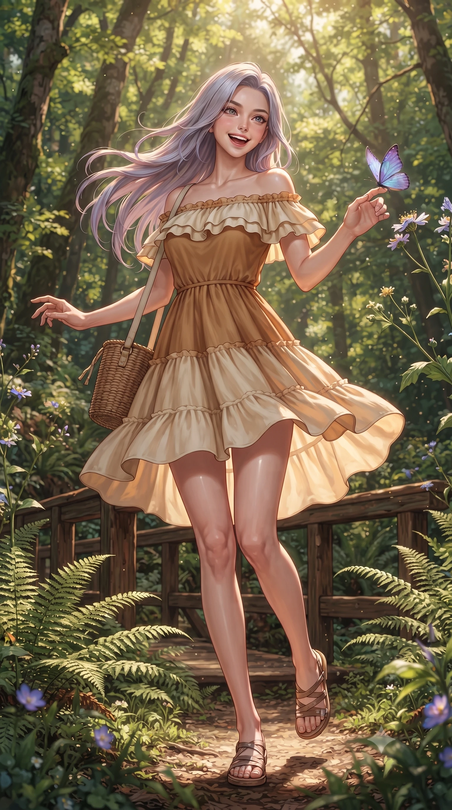 score_9, masterpiece, best quality, ultra-detailed, high-budget anime keyframe, editorial fashion photography, tasteful artistic composition, Caucasian woman. low angle full-body shot from head to toe showing her feet, filling the entire 9:16 vertical frame with her statuesque presence, stretching her vertical silhouette. performing a cheerful mid-motion turn with effortless poise, her skirt fluttering softly as she smiles into the camera while reaching out playfully to touch a delicate iridescent forest butterfly resting on a wildflower blossom. The surrounding environment is rendered in vivid detail and crisp panoramic clarity. intricate fern fronds, rustic cedar bridge railings, and sun-dappled forest canopy in high resolution. She has an absolutely perfect, statuesque 8.5-heads proportion, an exceptionally tall and slender model-like female figure with impossibly long slender legs, a toned flat midriff, and an ultra-slim waist. sharp v-shaped jawline, high-bridge nose, intricate jewel-like eyes with depth, thick eyelashes, glossy lips with a natural sheen, pure and lovely fresh girlhood expression, flawlessly proportioned anatomical accuracy, strict slender model proportions, natural body alignment, perfectly sculpted long slender limbs, ultra-slim waistline, clean dynamic posture without body distortion. wearing a graceful off-shoulder cotton sundress with a ruffled neckline and tiered A-line skirt in warm caramel and cream vanilla, made of comfortable premium stretch denim and airy cotton-jersey, accessorized with a rustic woven wicker bag and canvas strap, the soft airy drape swaying gracefully with her dynamic movements, emphasizing her tall willowy build and slim waistline. surrounded by an enchanting, whimsical, and pure fairy-tale glen maiden aura. ultra-reflective glossy finish, specular highlights, rich natural textures, high-contrast stereoscopic depth, volumetric dynamic lighting, 2k, ultra detail, master piece, 9:16 ratio