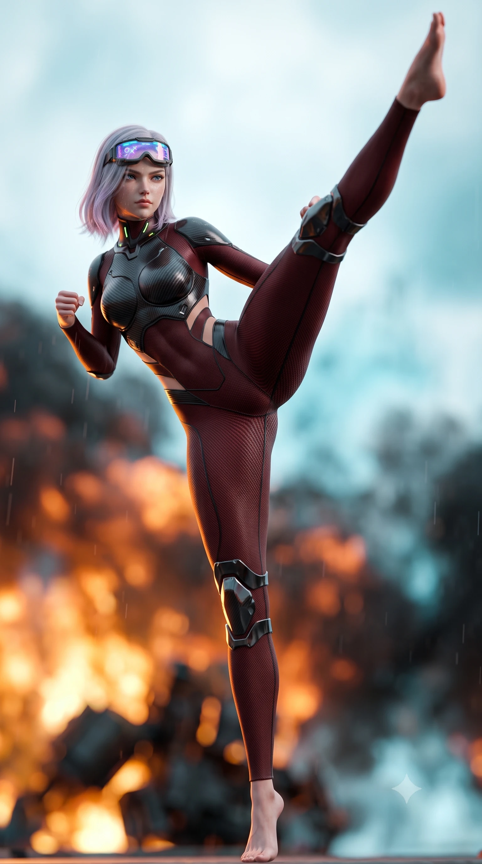 score_9, masterpiece, best quality, ultra-detailed, high-budget anime keyframe, semi-realistic 3D game render, editorial fashion photography, tasteful artistic composition, Caucasian woman. low angle full-body shot from head to toe showing her feet, filling the entire 9:16 vertical frame with her statuesque presence, stretching her vertical silhouette. executing a breathtaking zero-gravity high-kick with full 180-degree vertical extension, her impossibly long slender legs dominating the frame with razor-sharp poise while arching her spine in a fluid stretch as rain washes the dust from her bare neck and determined face. The composition keeps background elements in soft focus with creamy bokeh. massive burning mech reactor fires and billowing steam clouds blurred into radiant orange, charcoal, and cyan bokeh. She has an absolutely perfect, statuesque 8.5-heads proportion, an exceptionally tall and slender model-like female figure with impossibly long slender legs, a toned flat midriff, and an ultra-slim waist. sharp v-shaped jawline, high-bridge nose, intricate jewel-like eyes with depth, thick eyelashes, glossy lips with a natural sheen, fierce and resolute heroine expression, flawlessly proportioned anatomical accuracy, strict slender model proportions, natural body alignment, perfectly sculpted long slender limbs, ultra-slim waistline, clean dynamic posture without body distortion. wearing high-tech holographic tactical goggles resting tipped up on her forehead, casting glowing neon runes across her brow without obscuring her features, paired with a form-contouring high-mobility battle-suit featuring sculpted carbon chest plating, diagonal midriff ventilation cutouts, and kinetic knee vambraces in deep battle-scarred crimson carbon weave with specular dark chrome accents, tailored from flexible second-skin ballistic carbon-mesh adhering flawlessly to her athletic build, featuring a sleek aerodynamic collar framed by subtle glowing cybernetic status LEDs, the sleek second-skin cut tightly hugging her graceful clavicle, narrow waist, and feminine curves with athletic precision. bathed in glowing amber reactor fire uplights and cool overcast skylight fill. rich saturated anime colors with glowing neon highlights, detailed shading with soft gradients, rich glossy textures, high-contrast stereoscopic depth, volumetric dynamic lighting, master piece, 9:16 ratio