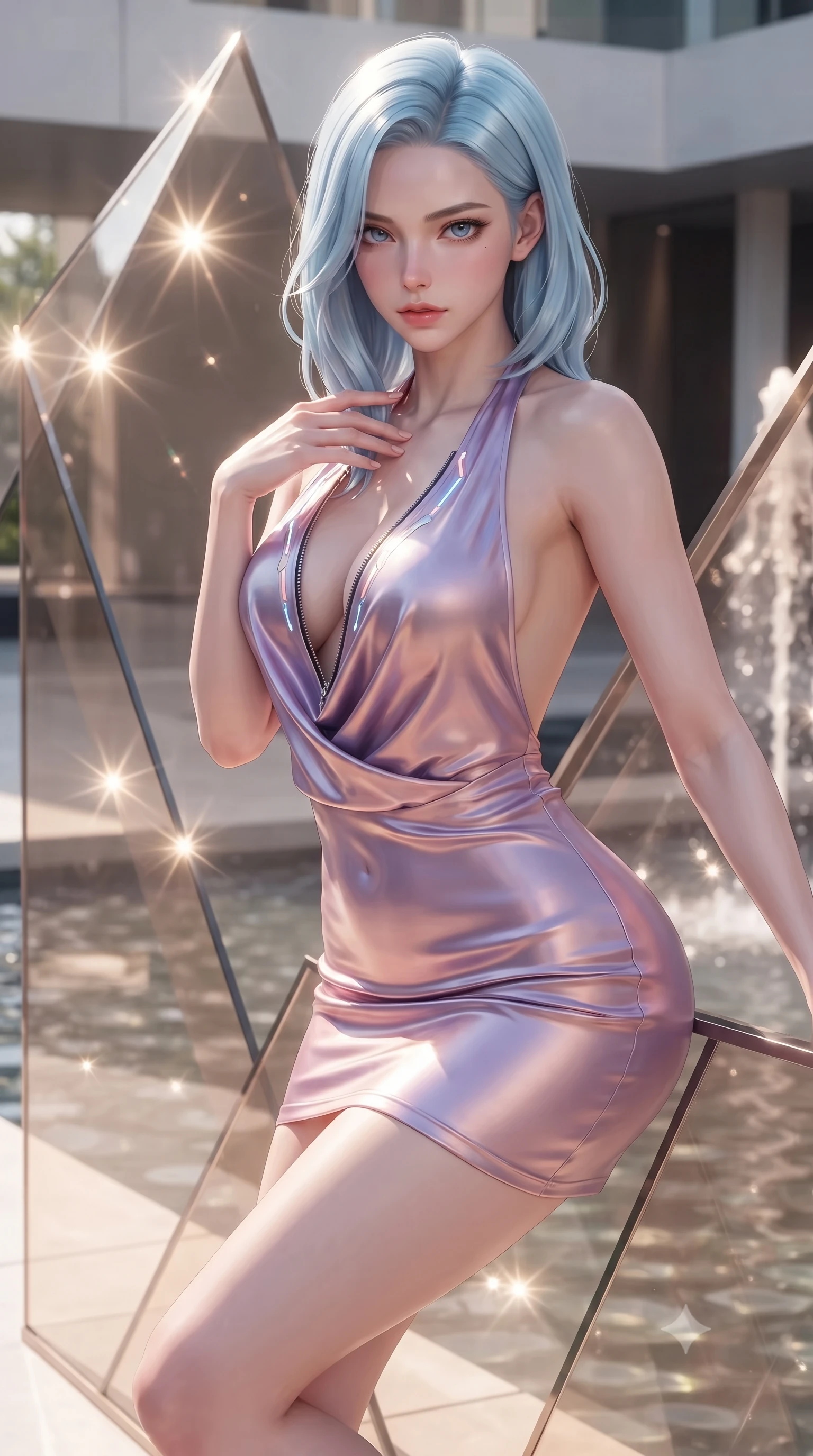 score_9, masterpiece, best quality, ultra-detailed, high-budget anime keyframe, editorial fashion photography, tasteful artistic composition, Korean woman. close-up cowboy shot from the waist and thighs up, the character dominates the composition, filling the frame with her large presence. leaning forward with a dangerous, enticing smolder, resting one hand near her collarbone while casting a fiery, magnetic direct gaze while pivoting dynamically amidst geometric champagne-tinted glass panels reflecting sparkling sunbursts. The composition keeps background elements in soft focus with creamy bokeh. champagne-tinted glass reflections and shimmering water surfaces blurred into glowing golden bokeh. She has an exceptionally elegant, slender, and willowy female figure with an ultra-slim waist, a gracefully sculpted slender torso, toned flat midriff, and a refined slim silhouette. sharp v-shaped jawline, high-bridge nose, intricate jewel-like eyes with depth, thick eyelashes, glossy lips with a natural sheen, flawlessly proportioned anatomical accuracy, strict slender model proportions, natural body alignment, perfectly sculpted long slender limbs, ultra-slim waistline, clean dynamic posture without body distortion. wearing a form-contouring liquid satin halter-neck mini dress with a deep crossover cowl front, open back, and ultra-slender waist drape in luminous lavender violet and rose gold, made of smooth iridescent silk chiffon that shifts colors with movement, featuring a dangerously unzipped neckline framed by glowing cybernetic accents, the sleek second-skin cut tightly hugging her graceful clavicle, narrow waist, and feminine curves with athletic precision. illuminated by clear directional key light with brilliant specular highlights on glass and water. ultra-reflective glossy finish, specular highlights, metallic sheen, high-contrast stereoscopic depth, volumetric dynamic lighting, 2k, ultra detail, master piece, 9:16 ratio