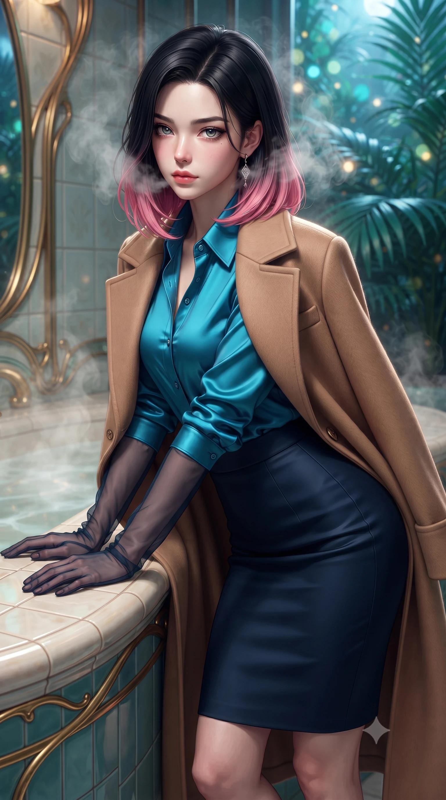 score_9, masterpiece, best quality, ultra-detailed, high-budget anime keyframe, editorial fashion photography, tasteful artistic composition, Korean woman. close-up cowboy shot from the waist and thighs up, the character dominates the composition, filling the frame with her large presence. leaning forward while arching her lower back to accentuate her curvy hips, looking into the camera with an intoxicating smoldering gaze and bedroom-eyes while leaning against the curving ceramic-tiled vanity with hips cocked back, looking through rising mineral steam with intoxicating bedroom-eyes. The background shows a soft-focus steaming bathwater surface caustics, sinuous gilded Art Nouveau whiplash curves on tiled walls, and moonlit greenhouse palms blurred into turquoise, gold, and jade bokeh. She has an exceptionally elegant, slender, and willowy female figure with an ultra-slim waist, flat toned midriff, narrow ribcage, and sculpted feminine hips creating an alluring, slim hourglass silhouette without bulk. sharp v-shaped jawline, high-bridge nose, intricate jewel-like sparkling eyes with depth, thick eyelashes, glossy parted lips with a natural peach sheen, bright cheerful beaming smile with an enchanting and coquettish sensual glint, exuding both youthful cute charm and seductive allure, flawlessly proportioned anatomical accuracy, strict slender model proportions, natural body alignment, perfectly sculpted long slender limbs, ultra-slim waistline, clean dynamic posture without body distortion. wearing a structured double-faced camel hair wrap coat draped over a tailored silk blouse and pencil skirt in Singapore Marina Bay electric cyan and midnight sapphire, crafted from bespoke double-faced cashmere with an exceptionally soft tactile finish, complemented by sheer opera-length evening gloves tracing her slender arms, the bespoke structured tailoring following the natural line of her 8.5-heads silhouette with refined elegance. illuminated by water surface reflection bounce and sharp platinum-cyan rim lights sculpting her jawline, narrow waist, and curvy hips. ultra-reflective glossy finish, specular highlights, rich textural contrasts, high-contrast stereoscopic depth, volumetric dynamic lighting, 2k, ultra detail, master piece, 9:16 ratio