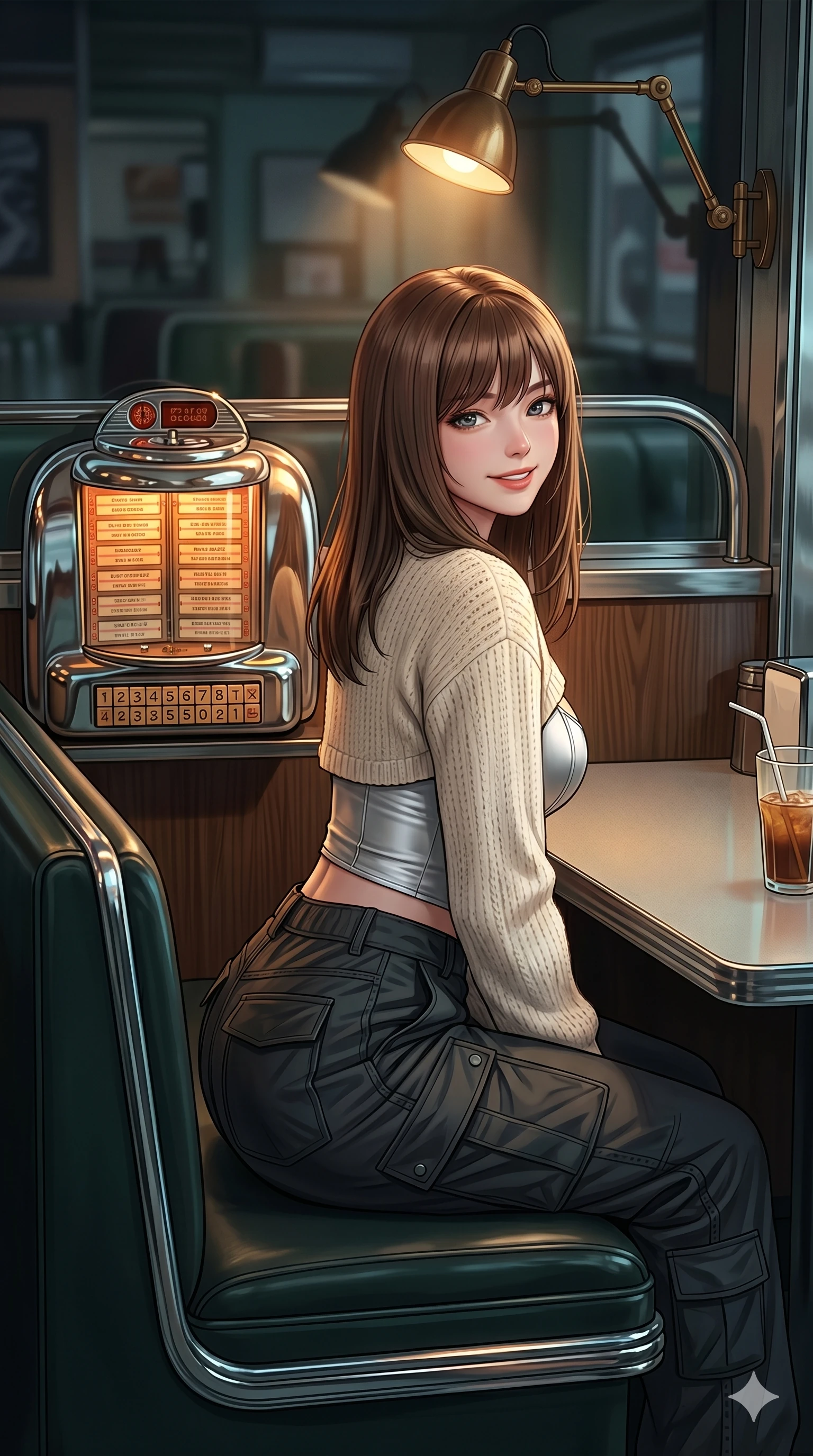 score_9, masterpiece, best quality, ultra-detailed, high-budget anime keyframe, editorial fashion photography, tasteful artistic composition, Korean woman. Upper body close-up from the thighs up, character filling the screen for maximum presence. Standing next to a retro jukebox in a quiet diner booth, sitting in the booth, looking back with a warm, welcoming smile. She is wearing a casual cropped sweater, silver bodice, and dark cargo pants. The scene is lit by a warm reading light and the orange glow of the jukebox. 2k, ultra detail, master piece, 9:16 ratio
