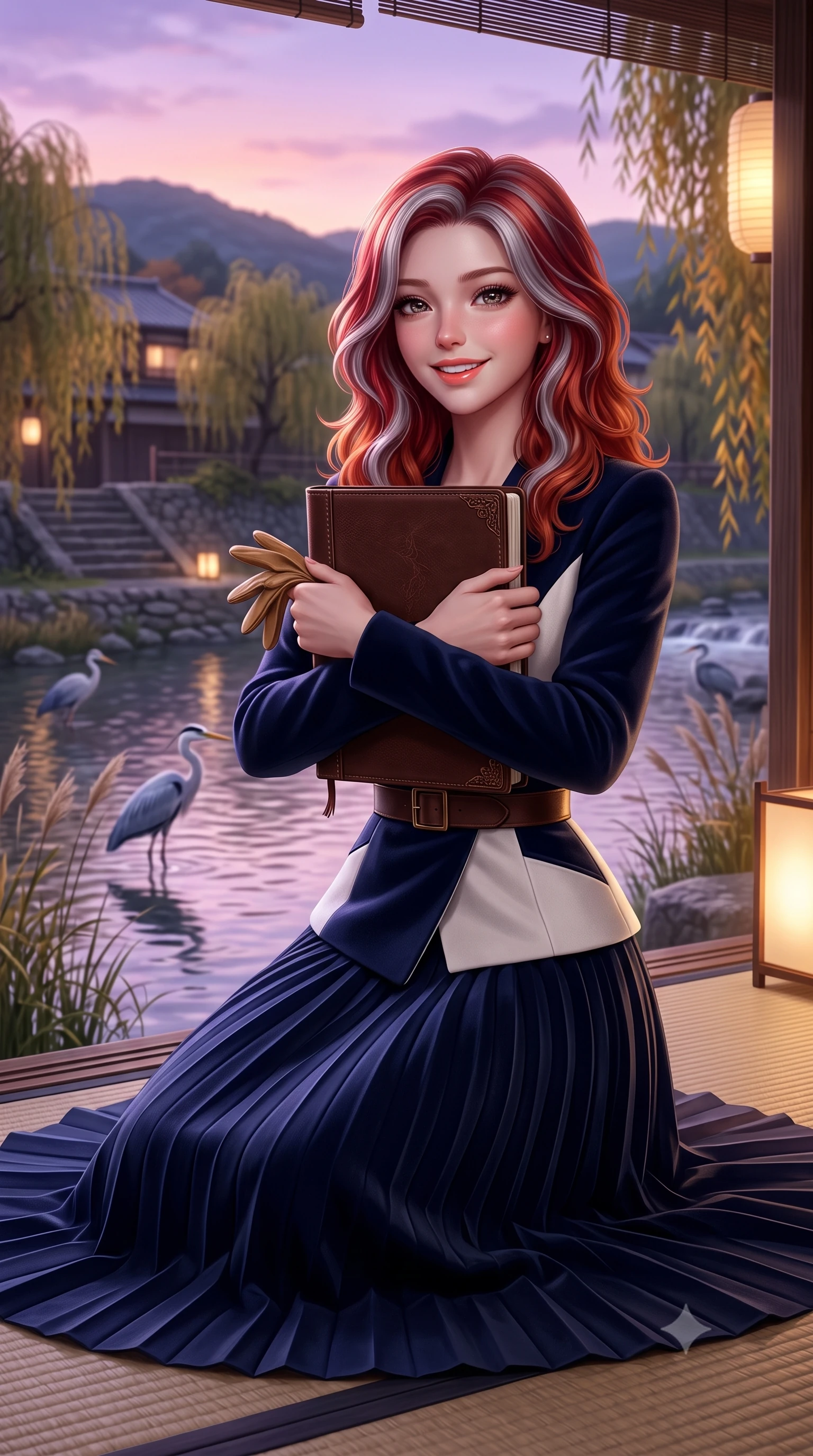score_9, masterpiece, best quality, ultra-detailed, high-budget anime keyframe, semi-realistic 3D game render, editorial fashion photography, tasteful artistic composition, Caucasian woman. close-up cowboy shot from the waist and thighs up, the character dominates the composition, filling the frame with her large presence. holding a leather notebook close to her chest with both arms, smiling delightfully with youthful scholarly grace while sitting gracefully on a tatami mat at the open veranda edge, watching herons wade in the Kamogawa river with tranquil charm. The background shows a soft-focus clear flowing Kamogawa river waters, weeping willow trees turning gold along riverbanks, and distant Higashiyama hills blurred into indigo, golden olive, and slate bokeh. She has an exceptionally elegant, slender, and willowy female figure with an ultra-slim waist, flat toned midriff, narrow ribcage, and sculpted feminine hips creating an alluring, slim hourglass silhouette without bulk. sharp v-shaped jawline, high-bridge nose, intricate jewel-like sparkling eyes with depth, thick eyelashes, glossy parted lips with a natural peach sheen, bright cheerful beaming smile with an enchanting and coquettish sensual glint, exuding both youthful cute charm and seductive allure, flawlessly proportioned anatomical accuracy, strict slender model proportions, natural body alignment, perfectly sculpted long slender limbs, ultra-slim waistline, clean dynamic posture without body distortion. wearing an asymmetrical-wrap tailored wool jacket with clean geometric lines paired with a structured pleated maxi skirt in French navy blue and crisp alabaster white, crafted from rich cotton velvet with deep light-absorbing pile and soft gradients, complemented by buttery leather gloves held delicately in one manicured hand, the structured cinched belt emphasizing her narrow waistline and gracefully balanced proportions with timeless haute-couture polish. bathed in the soft purple-gold twilight glow of autumn sunset over the Higashiyama mountains mixed with warm paper lantern lights. highly saturated vibrant anime colors, detailed shading with soft gradients, rich glossy textures, high-contrast stereoscopic depth, volumetric dynamic lighting, master piece, 9:16 ratio