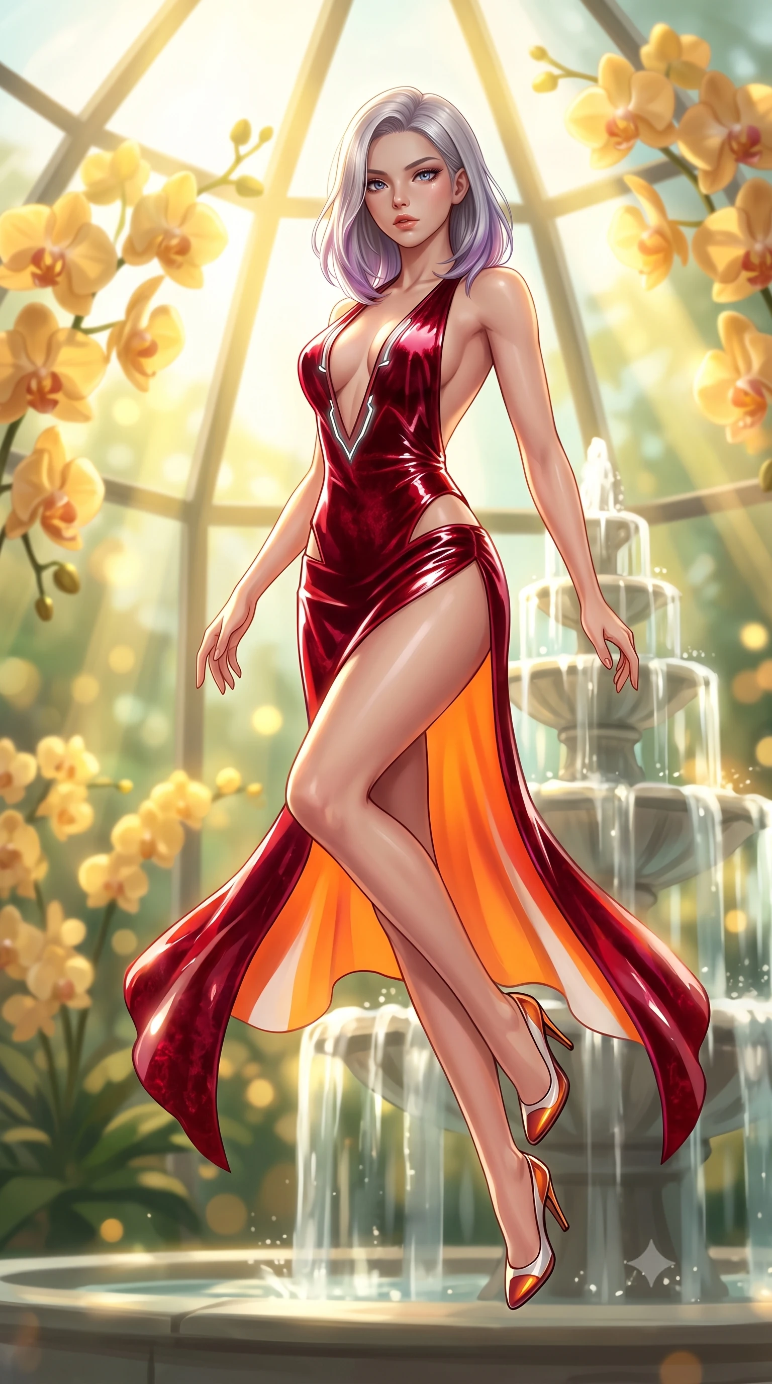 score_9, masterpiece, best quality, ultra-detailed, high-budget anime keyframe, semi-realistic 3D game render, editorial fashion photography, tasteful artistic composition, Caucasian woman. low angle full-body shot from head to toe showing her feet, filling the entire 9:16 vertical frame with her statuesque presence, stretching her vertical silhouette. performing an alluring mid-air vault with flawless poise, looking directly into the camera with smoldering intensity while pivoting dynamically beside a cascading glasshouse fountain catching intense volumetric sunbeams. The composition keeps background elements in soft focus with creamy bokeh. golden orchid clusters and geometric glass dome panes blurred into luminous emerald and amber bokeh. She has an absolutely perfect, statuesque 8.5-heads proportion, an exceptionally tall and slender model-like female figure with impossibly long slender legs, a toned flat midriff, and an ultra-slim waist. sharp v-shaped jawline, high-bridge nose, intricate jewel-like eyes with depth, thick eyelashes, glossy lips with a natural sheen, flawlessly proportioned anatomical accuracy, strict slender model proportions, natural body alignment, perfectly sculpted long slender limbs, ultra-slim waistline, clean dynamic posture without body distortion. wearing a backless crimson crushed velvet gown with a deep plunging V-neckline, strategic hip cutouts, and an ultra-high thigh slit in vivid sunset amber orange and cloud white, formed from high-gloss patent material with specular light reflections, featuring a dangerously unzipped neckline framed by glowing cybernetic accents, the form-contouring material adhering flawlessly to her sculpted flat midriff and slender torso, emphasizing her long leg lines and perfectly proportioned willowy build. bathed in intense volumetric golden sunbeams streaming through crystalline glass dome panes. highly saturated vibrant anime colors, detailed shading with soft gradients, rich glossy textures, high-contrast stereoscopic depth, volumetric dynamic lighting, master piece, 9:16 ratio