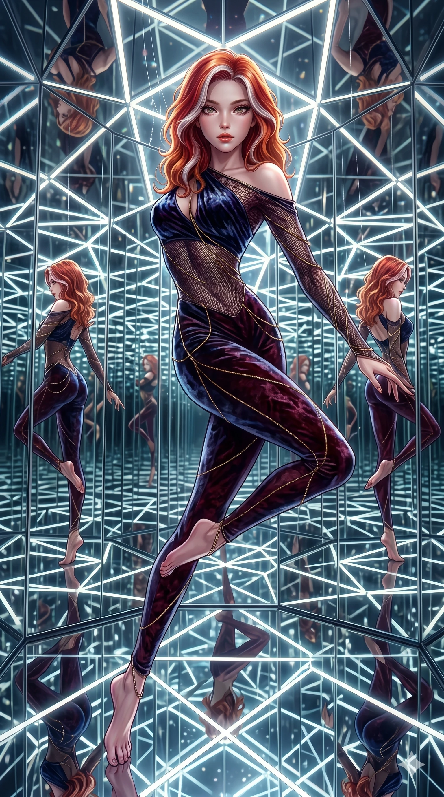 score_9, masterpiece, best quality, ultra-detailed, High-budget Anime Keyframe, East Asian woman. Dynamic full-body shot stretching the vertical silhouette to the limit. Scenario 276: Suspended by invisible silk threads in a hall of mirrors. Her presence is magnetic and overpowering in this high-budget anime scene. Outfit 276: A crushed dark velvet mesh with a low-cut shoulder and fine gold chains. The clothing is designed to emphasize her exceptionally tall and slender 8-heads proportion. 8-heads proportion, towering silhouette, ultra-slim waist. sharp v-shaped jawline, intricate jewel-like eyes with depth, thick eyelashes, glossy lips. 2k, ultra detail, master piece, 9:16 ratio