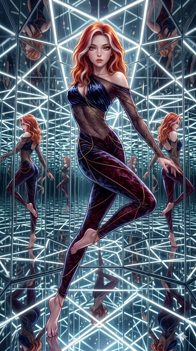 score_9, masterpiece, best quality, ultra-detailed, High-budget Anime Keyframe, East Asian woman. Dynamic full-body shot stretching the vertical silhouette to the limit. Scenario 276: Suspended by invisible silk threads in a hall of mirrors. Her pres